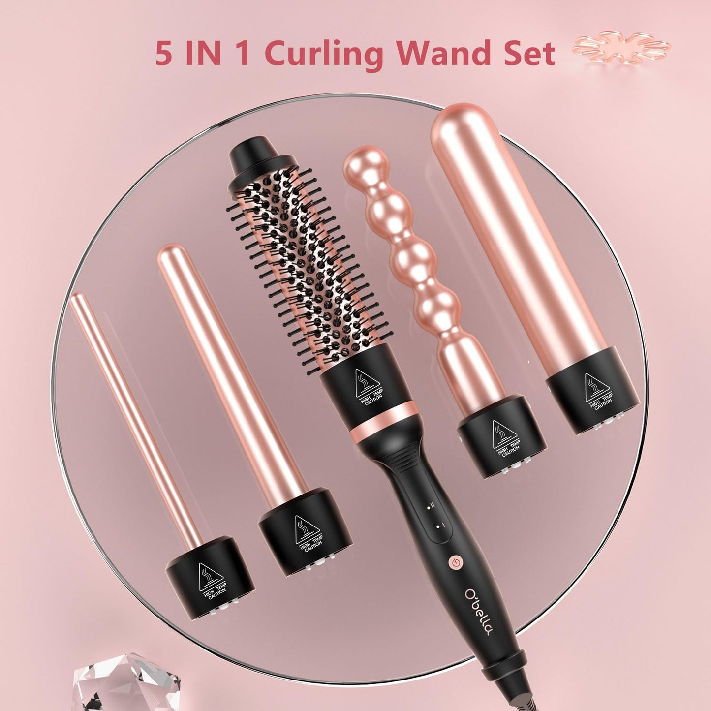 Curling Iron Set, O'bella 5 in 1 Curling Wand Set with Thermal Brush&4 Interchangeable Ceramic Curling Wand(0.35”-1.25”), 2 Temps Instantly Heating Hair Wand Curler