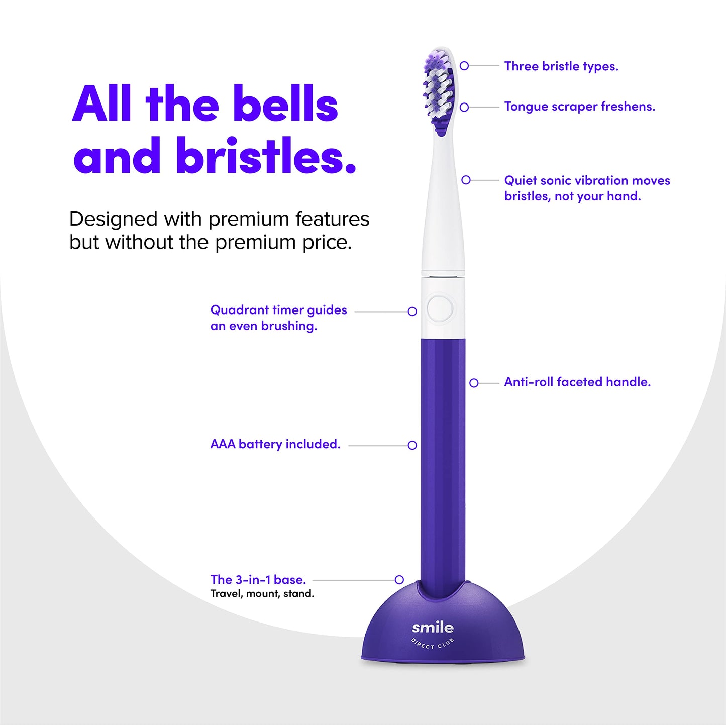 SmileDirectClub Electric Toothbrush with 3-in-1 Travel Case, Mirror Mount, and Stand, Blurple