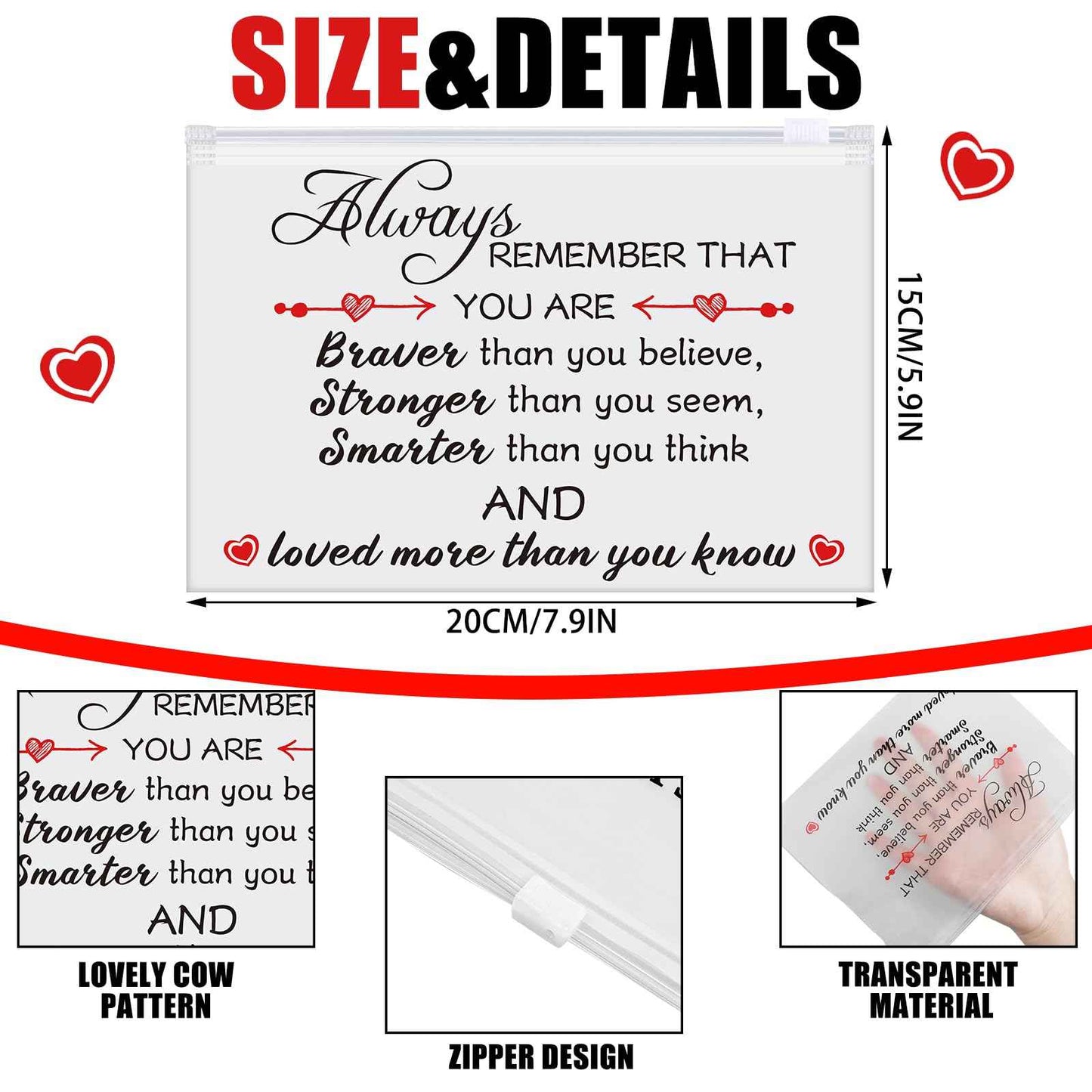 Sunnyray 60 Pcs Makeup Bags Bulk Inspirational Gifts Bags for Women EVA Cosmetic Bag with Zipper for Housekeeping Week Appreciation Gifts(Always Remember You Are Braver Than You Think)