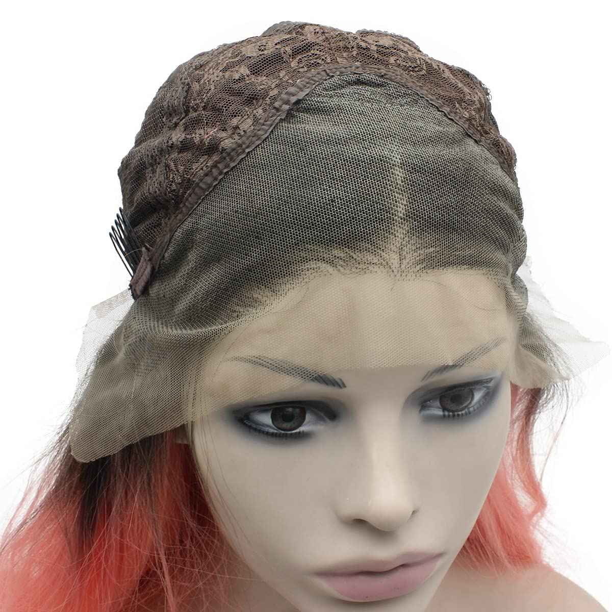 MX angel Long Black Roots Pink Hand Tied Synthetic Wig Lace Front Heat Resistant Fiber Hair