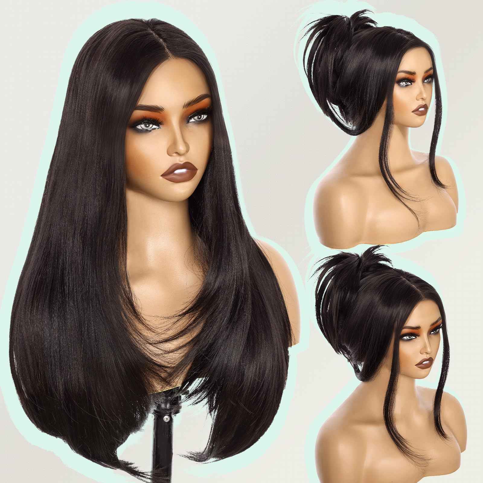 Natural Black Lace Front Wig 26 Inch - 13x4 HD Lace Layered Wigs for Women, Wear and Go Glueless Wigs Pre Plucked Pre Cut Long Straight Syntheic Fiber Pre-styling Hair for Daily