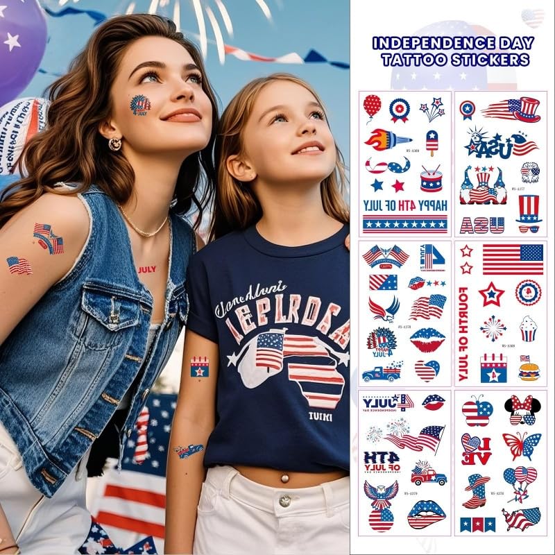 4th of July Tattoo Stickers - Patriotic Flag Design 12pc Set