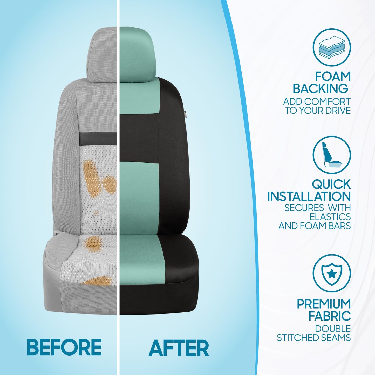 BDK PolyPro Car Seat Covers Full Set in Mint on Black – Front and Rear Split Bench Seat Covers Accessories for Auto Trucks Van SUV,Easy to Install