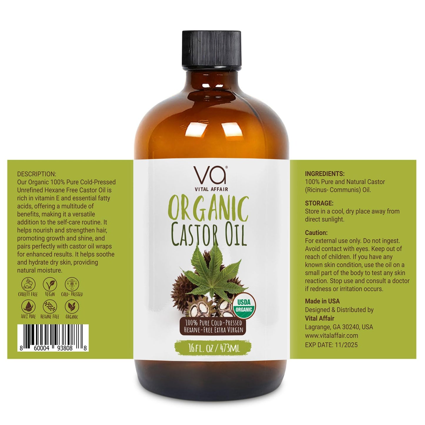 VITAL AFFAIR Castor Oil Organic Cold Pressed Unrefined Glass Bottle- USDA Certified Organic Castor Oil For Castor Oil Pack Wrap-Castor Oil For Skin, Hair Growth, Eyelashes, Eyebrows & Nails-16 fl oz