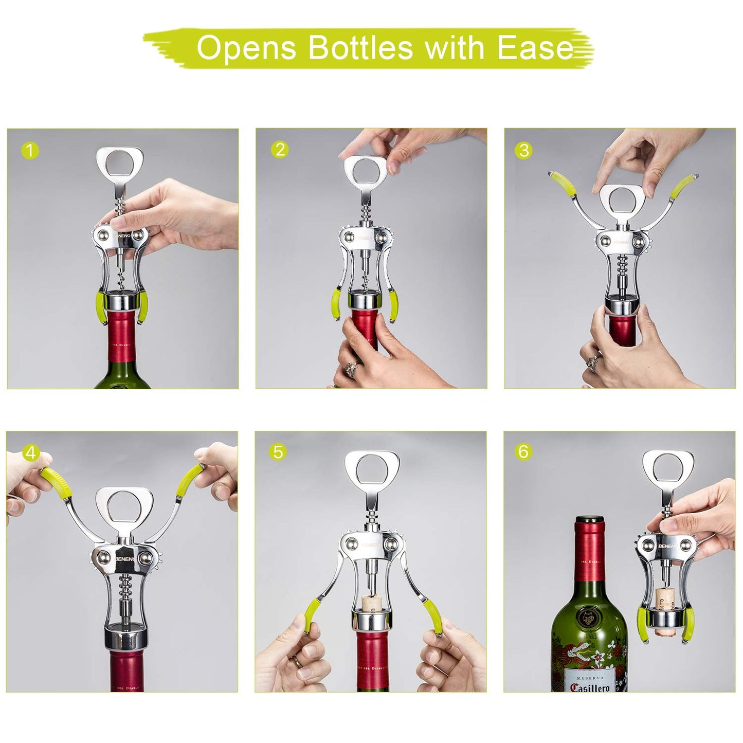 Wine Opener, Zinc Alloy Premium Wing Corkscrew Wine Bottle Opener with Multifunctional Bottles Opener, Sharp Corkscrew with Ergonomic Non-slip Wing Handle, Upgrade Green