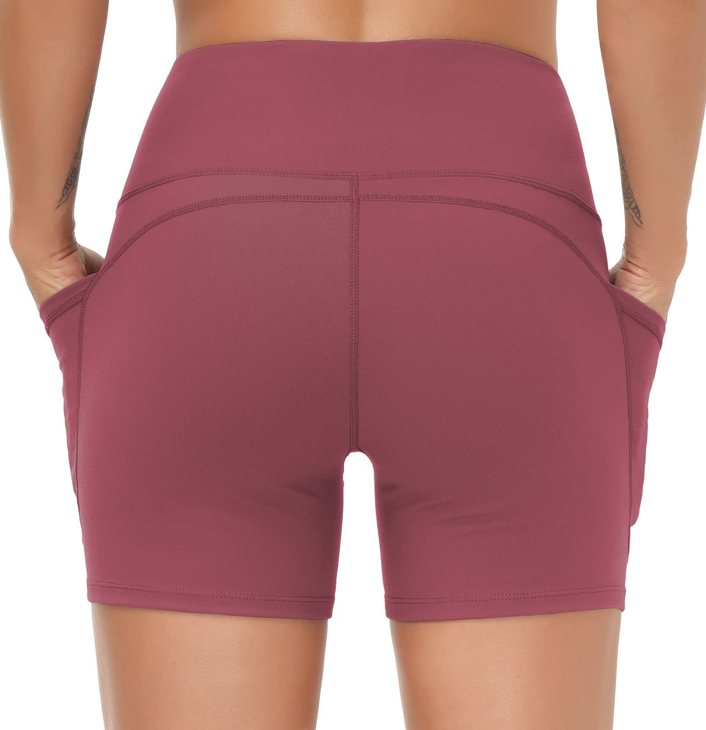 THE GYM PEOPLE High Waist Yoga Shorts for Women's Tummy Control Fitness Athletic Workout Running Shorts with Deep Pockets (Small, Rose Red)