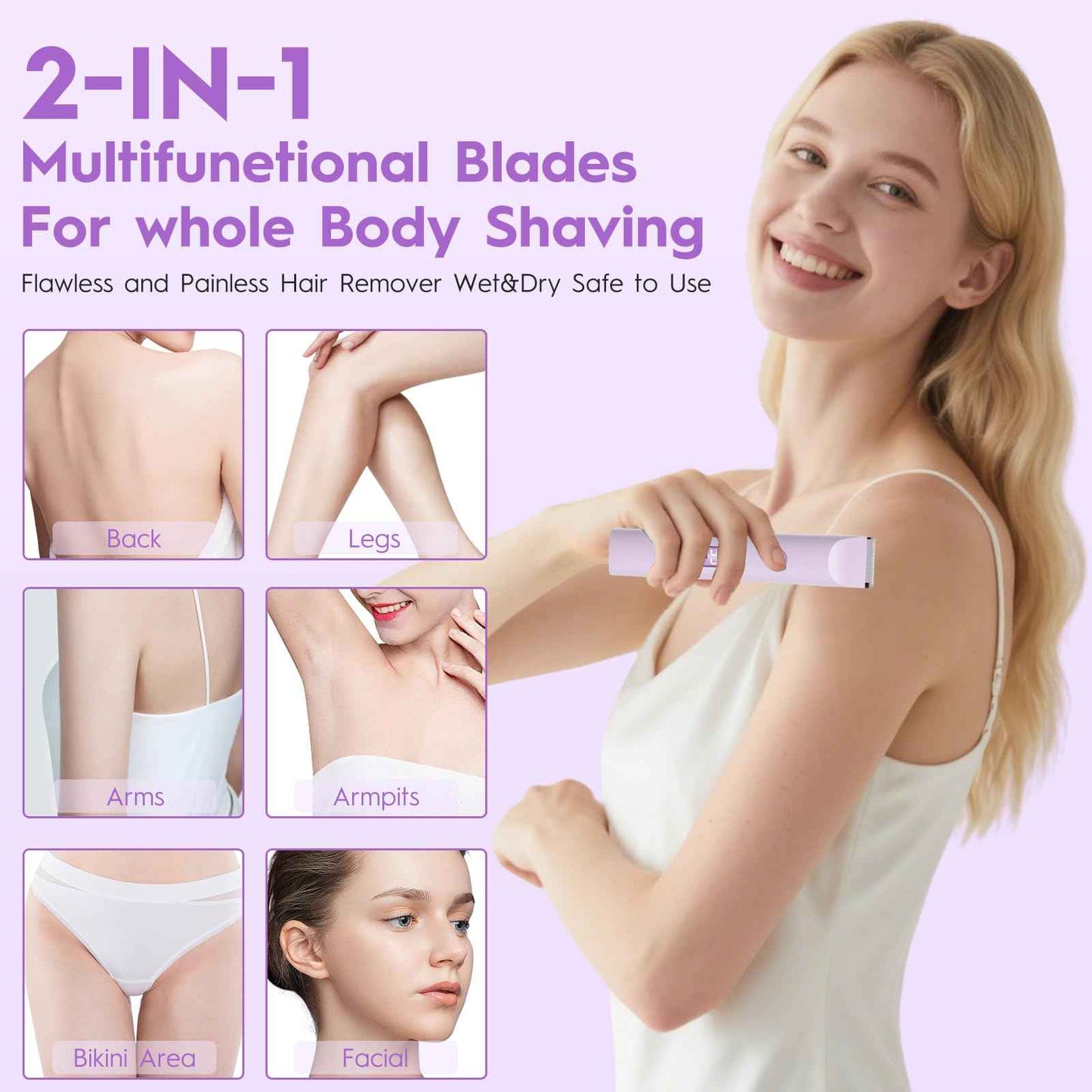 Joigivit Dual Head Shaver 2 in 1 Bikini Trimmer for Women Electric Razors Lady Pubic Hair, LCD Display Bikini Underarm Arm Leg Face Body 2026 Upgraded Version- Purple