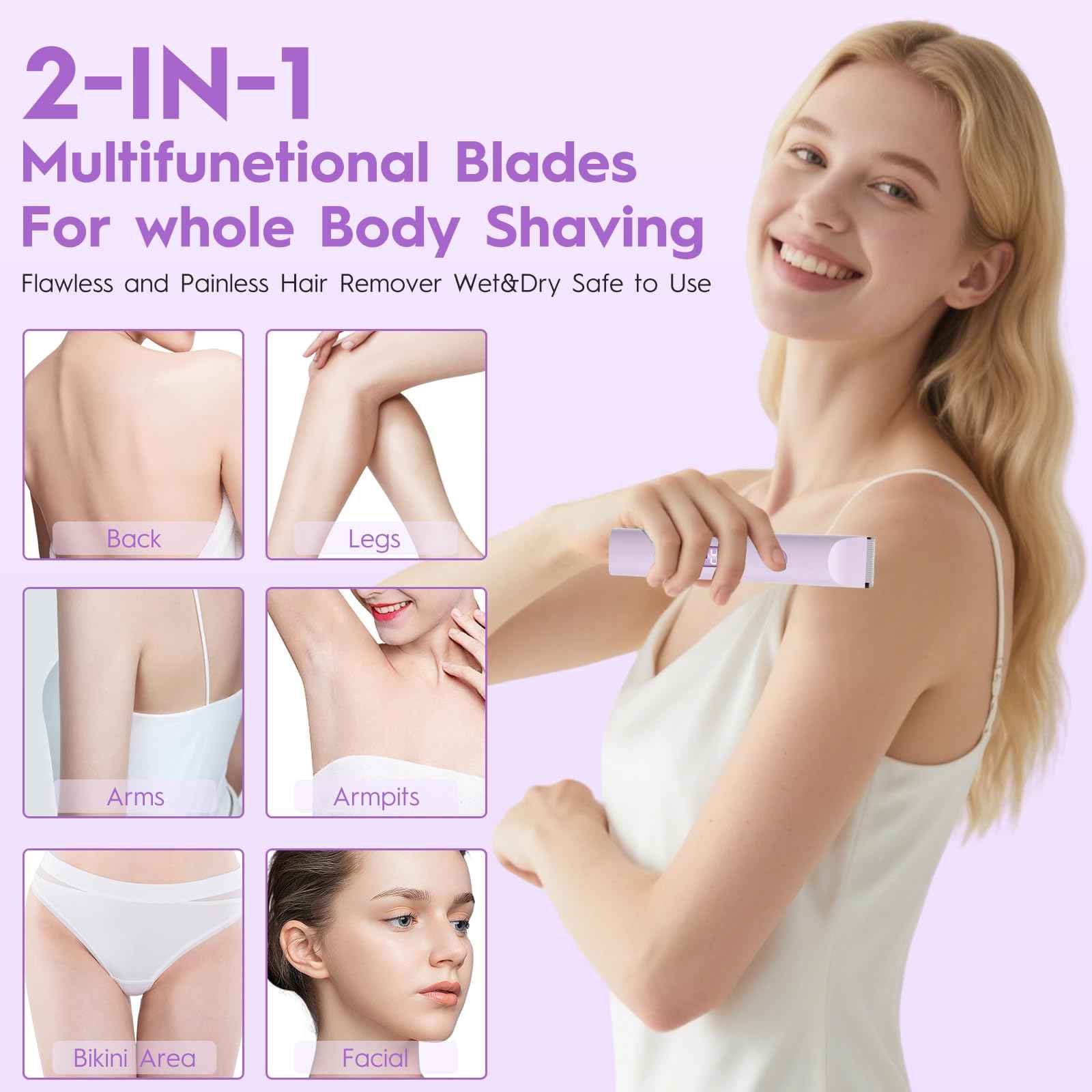Joigivit Dual Head Shaver 2 in 1 Bikini Trimmer for Women Electric Razors Lady Pubic Hair, LCD Display Bikini Underarm Arm Leg Face Body 2026 Upgraded Version- Purple