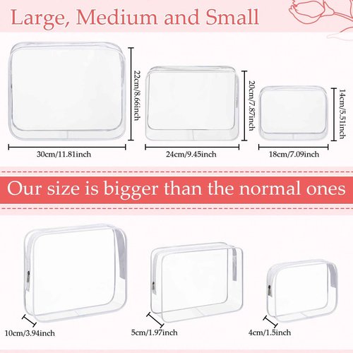 Cosblank 24 Pcs Clear Toiletry Bags Large PVC Travel Clear Makeup Bag Trip Home Storage Bag Waterproof Cosmetic Bag with Zipper for Women and Men, 3 Different Size