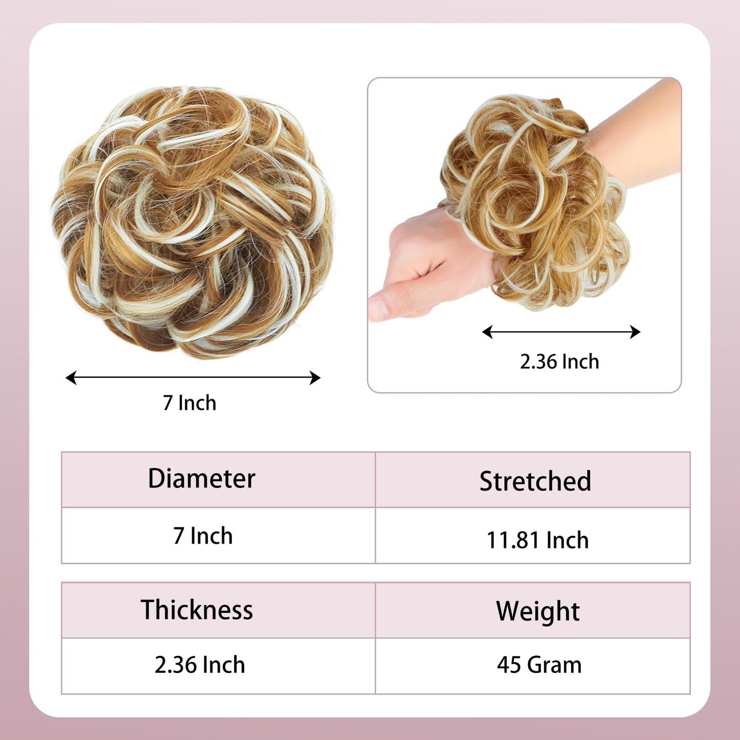 Lynclare Messy Bun Hair Piece Wavy Synthetic Hair Extension，Curly messy Bun Scrunchie Extensions for Women， Chignon Updo Ponytail Hairpieces with Elastic Rubber（Light Ash Brown & Bleach Blonde）