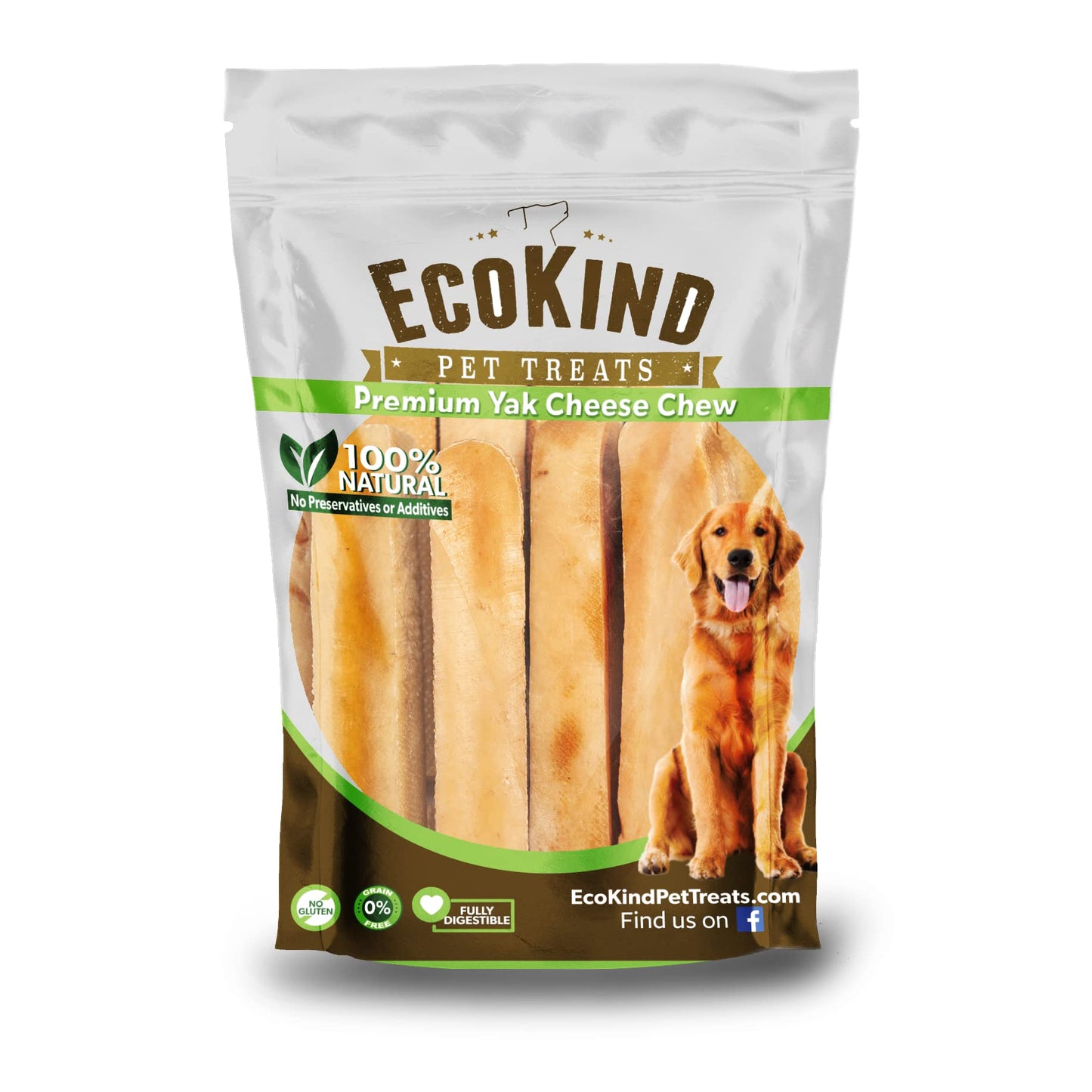 EcoKind Premium Gold Yak Cheese Himalayan Dog Chews, Dog Treats Large Breed, All Natural, High Protein, for Aggressive Chewers, Large - 4 Chews (1 lb)