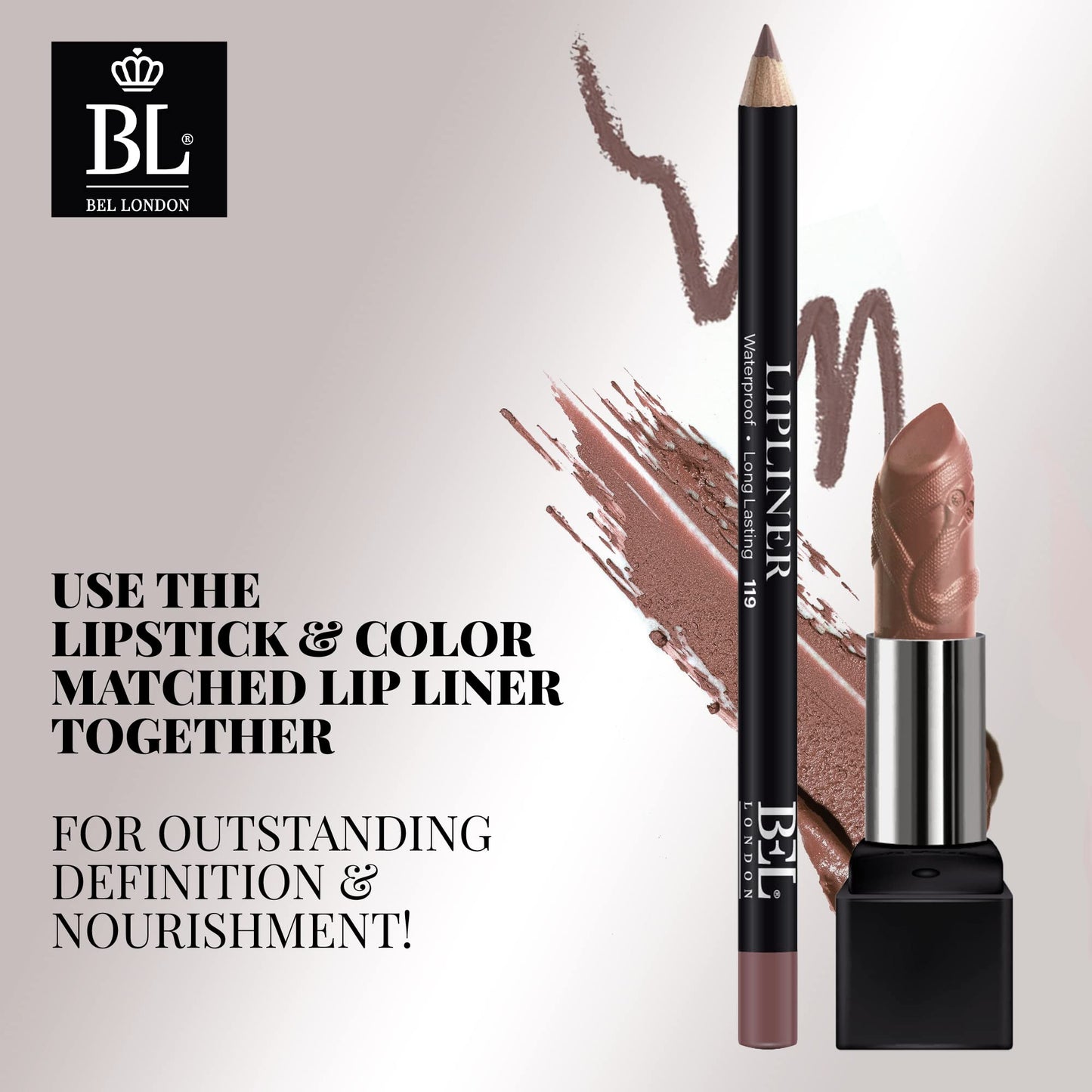 BL Color Matched Lip Liner & Lipstick Set (Nude) - Full-Coverage Argan Long Lasting Lipstick and Lip Liner Set With Natural Oils for Nourishment, Hydration, & Protection - Chemical-Free