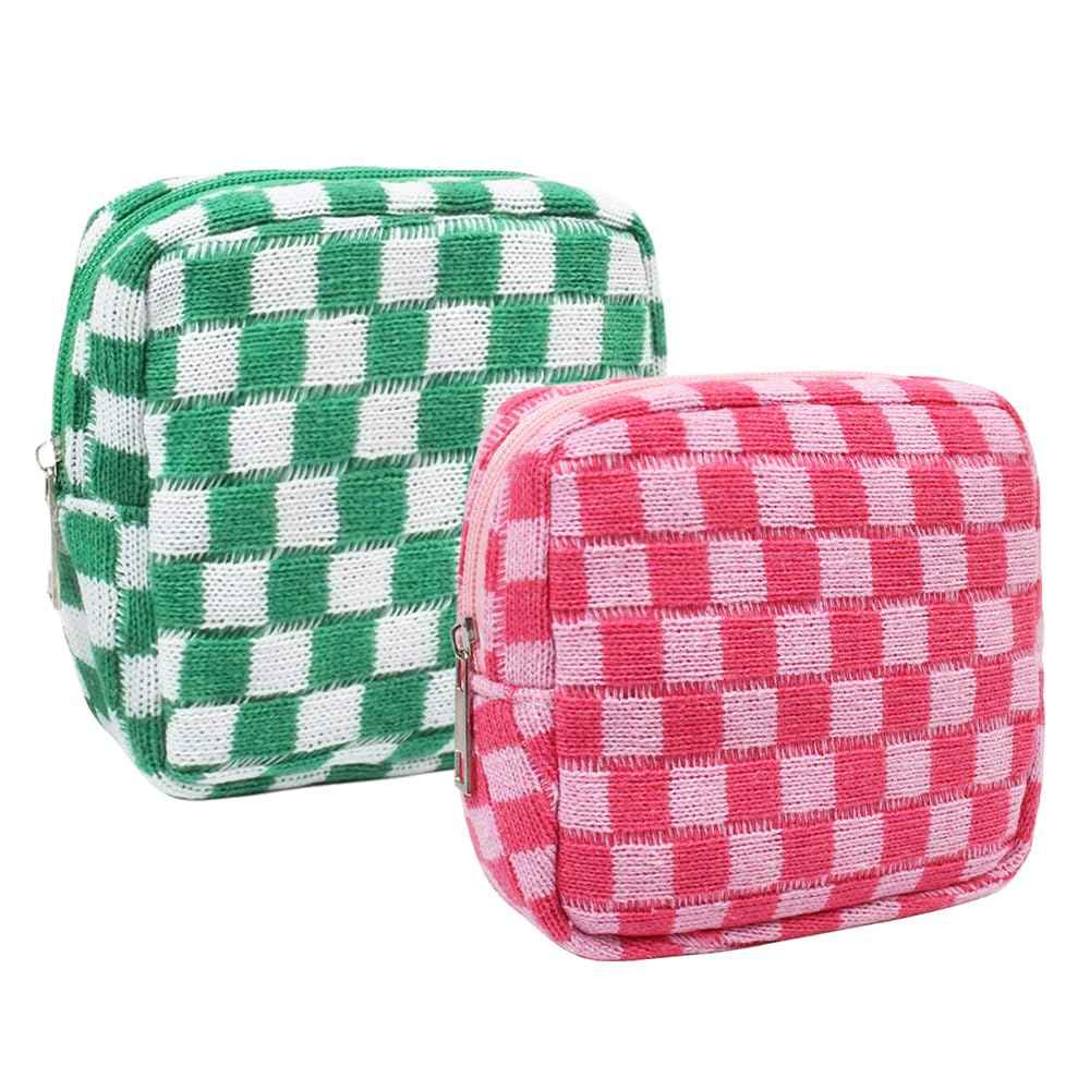 2 Pieces Makeup Bag Small, Mini Checkered Make Up Bag Travel Cute Cosmetic Bags for Women Preppy Makeup Pouch for Purse Zipper Makeup Organizer Case Period Bag Sanitary Napkin Storage Bag for Girls