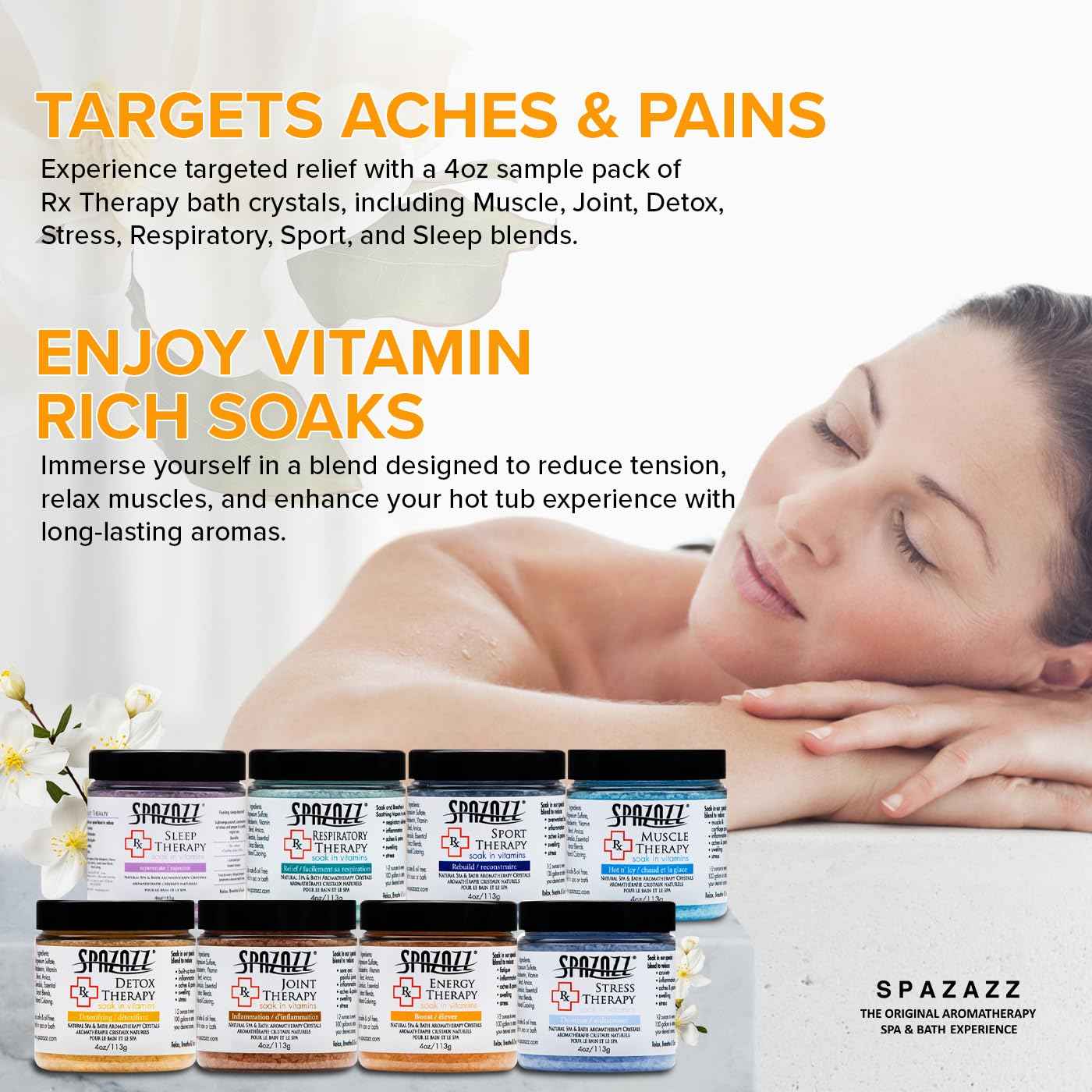 Spazazz RX Therapy Hot Tub Spa and Bath Aromatherapy Salt Crystals 4oz 8 Pack Sample Bundle Includes Muscle - Joint - Detox - Stress - Respiratory - Sport -Sleep - Energy. Great for Muscles & Joints