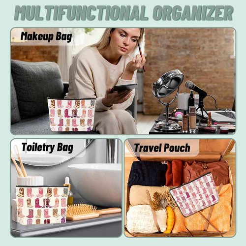 2pcs Western Makeup Bag Cowgirl Boots Cosmetic Bags for Women, Cowgirls Gifts for Women Sisters Friends Birthday Gift, Toiletry Zipper Pouch Western Stuff Cowboy Boots Gifts