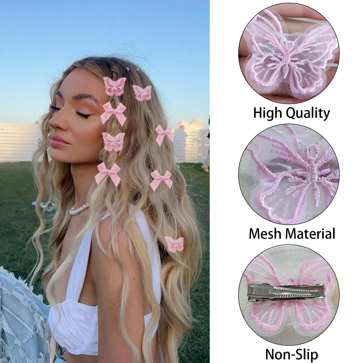 LYDZTION 40Pcs Embroidery Butterfly Hair Clips Small Bows for Hair Bow Ribbons for Girls Sweet Bow Hair Clips Non Slip Hair Clips Butterfly Hair Accessories for Cosplaying Women Girls,Pink