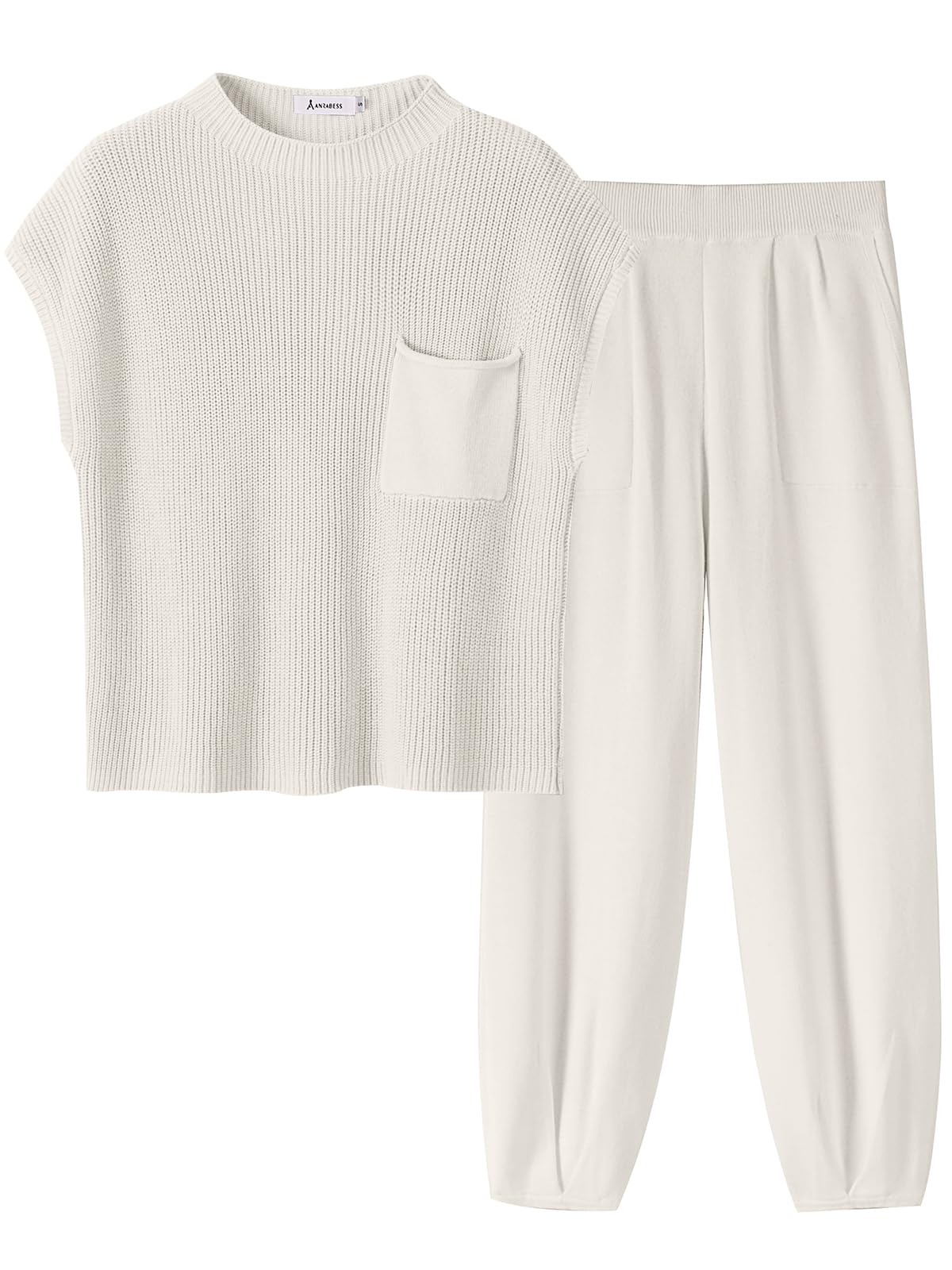 ANRABESS Women's Two Piece Outfits Knit Sweater Pullover Crop Top & Pants Lounge Matching Tracksuit Sweatsuit Sets 2024 Trendy Loungewear Clothes White X-Small