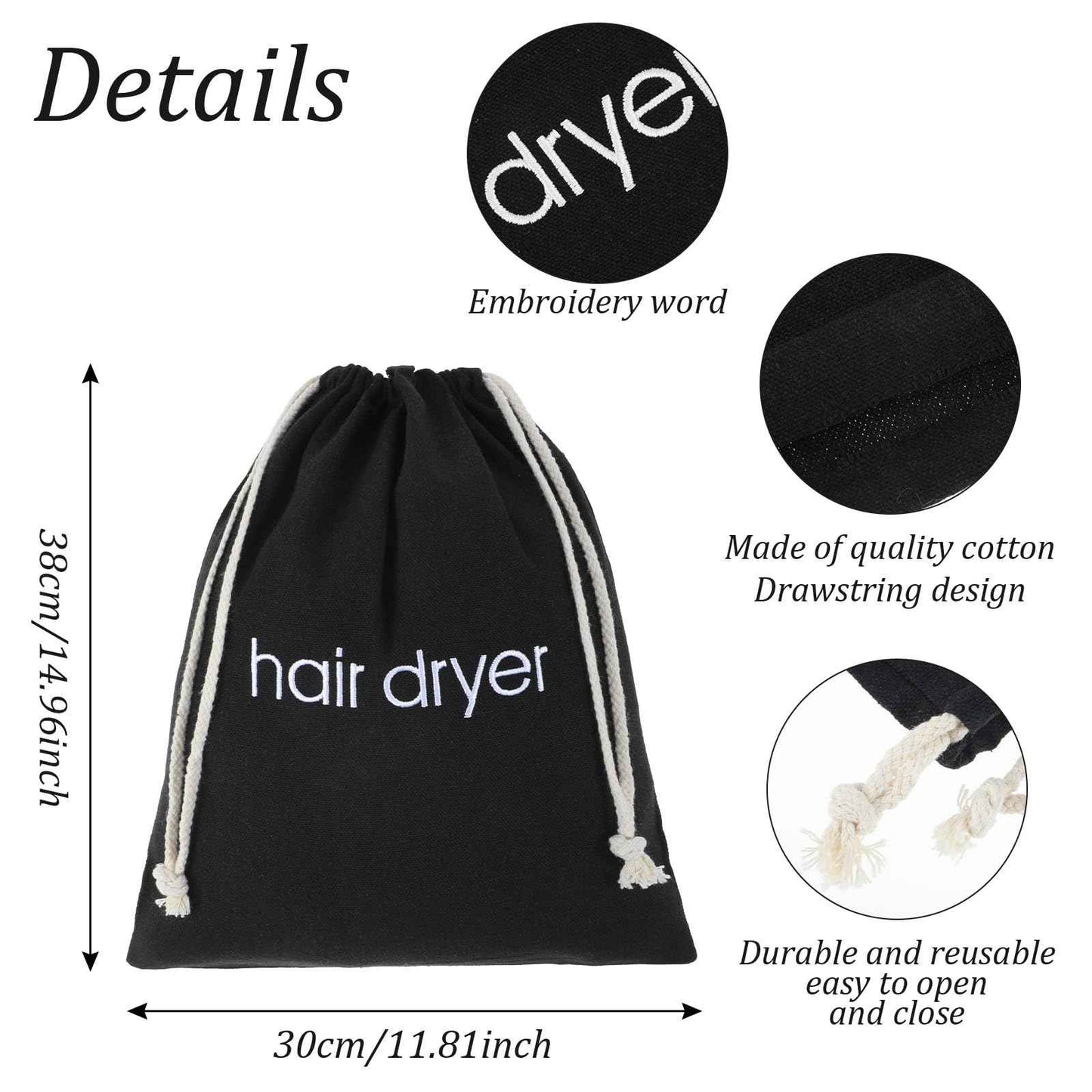 Tyqour Hair Dryer Bag Black Drawstring Hair Dryer Organizer for Travel & Bathroom, 14.96 x 11.81 Inch