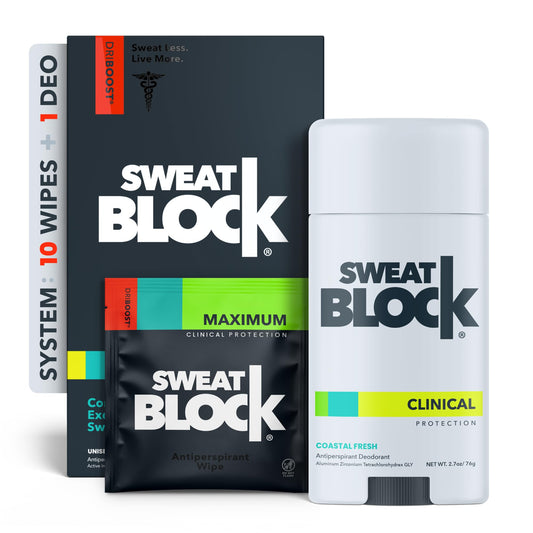 SweatBlock Antiperspirant Deodorant MAXIMUM CLINICAL STRENGTH System for Men & Women - Hyperhidrosis Aid for Excessive Sweating & Underarm Odor - 10 DRIBOOST Wipes + 1 Unisex Deodorant Stick (2.7oz)