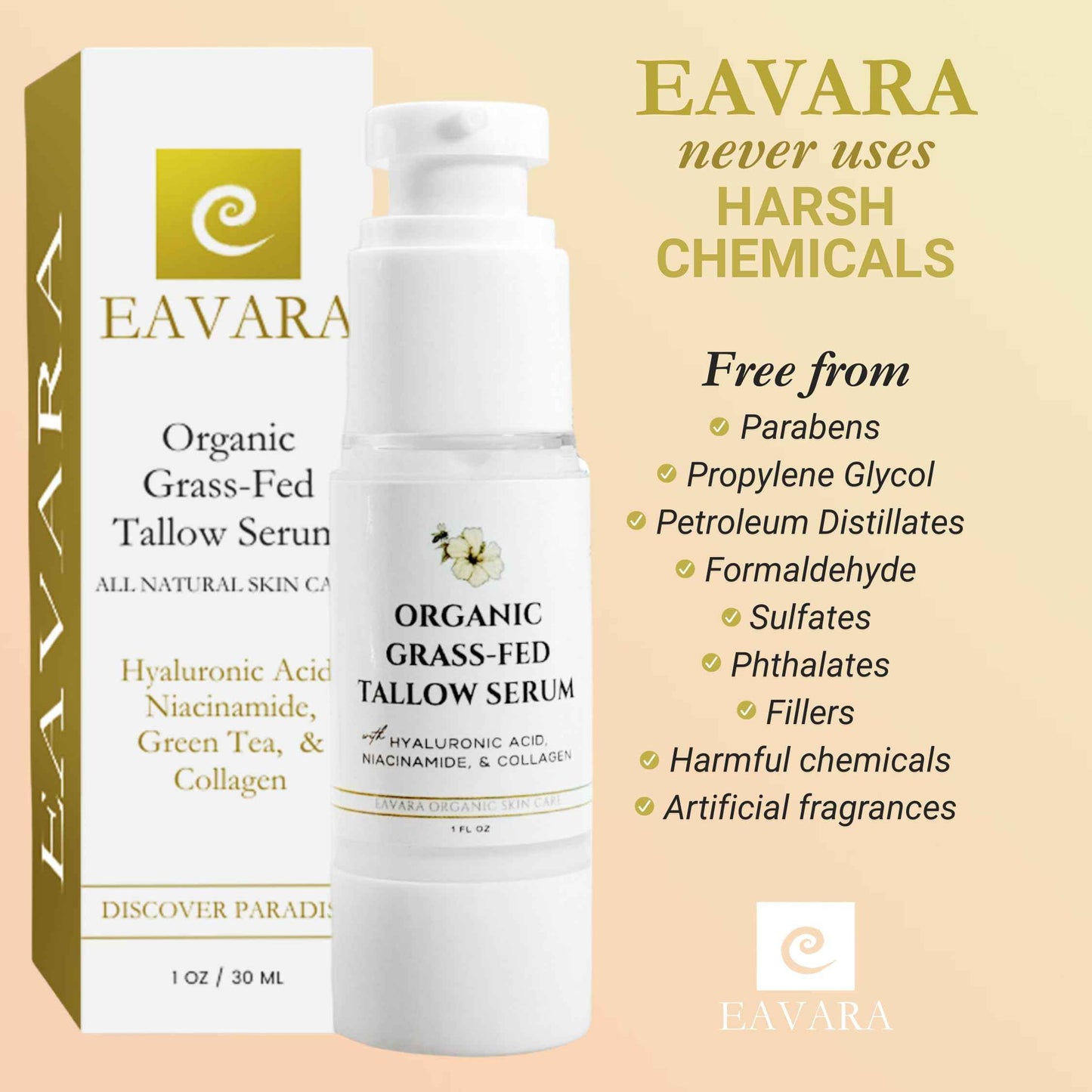 Eavara Beef Tallow Serum for Men & Women - Grass Fed All-Natural Tallow with Hyaluronic Acid, Collagen & Jojoba Oil - Firms & Reduces Wrinkles - Made in USA, Sensitive Skin Safe - 1.0 Fl Oz