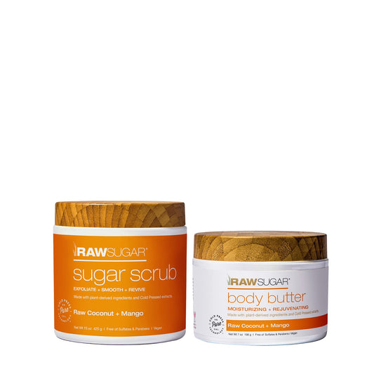 Raw Sugar Mango + Raw Coconut Body Ritual Bundle - Exfoliating Body Scrub and Body Butter, Formulated without Sulfates + Parabens, Body Care Products for Women & Men