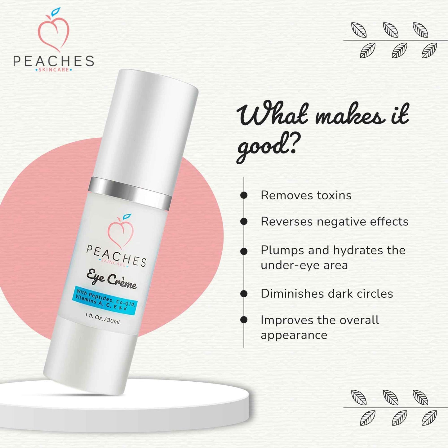 Peaches Skin Care Under Eye Cream – Targets Puffiness, Dark Circles, and Bags – Vegan Formula with Peptides, Co-Q10, Squalene, Vitamins, and Reishi – Eye Crème (1 oz)