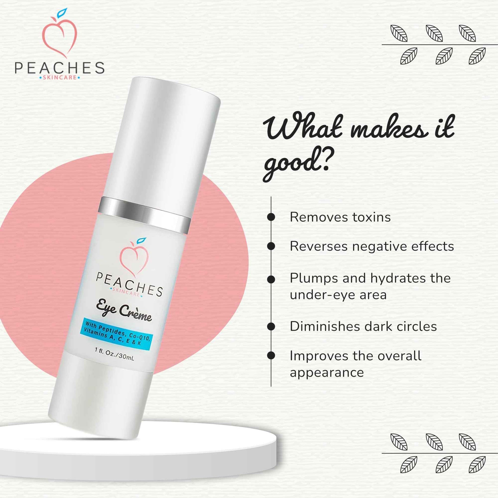 Peaches Skin Care Under Eye Cream – Targets Puffiness, Dark Circles, and Bags – Vegan Formula with Peptides, Co-Q10, Squalene, Vitamins, and Reishi – Eye Crème (1 oz)