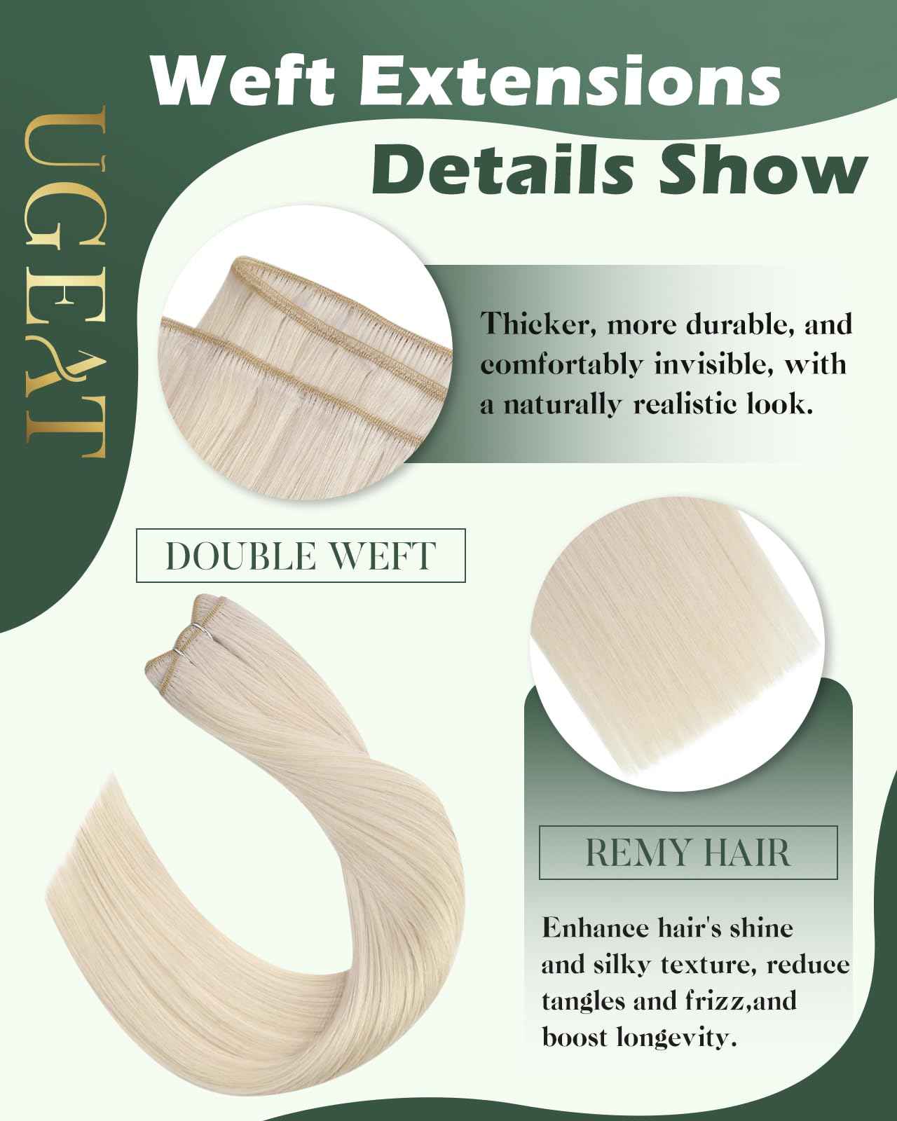 Ugeat Platinum Blonde Sew in Hair Extensions Blonde Weft Hair Extensions Real Human Hair Sew in Extensions for Women Remy Invisible Double Weft Short Length 14 Inch 80G