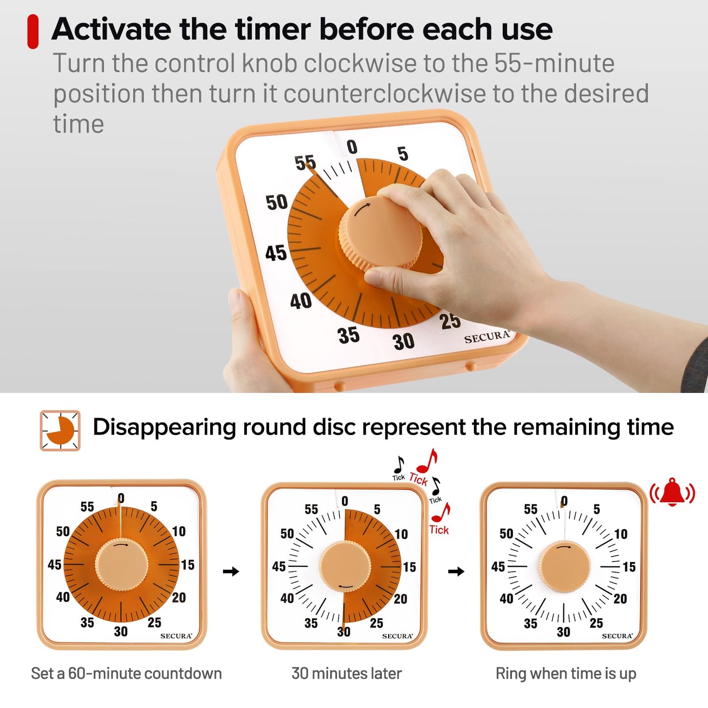 Secura 7.5 Inch Visual Timer, 60 Minute Oversize Countdown Visual Timer for Kids and Adults, Durable Mechanical Time Management Tool (Orange)