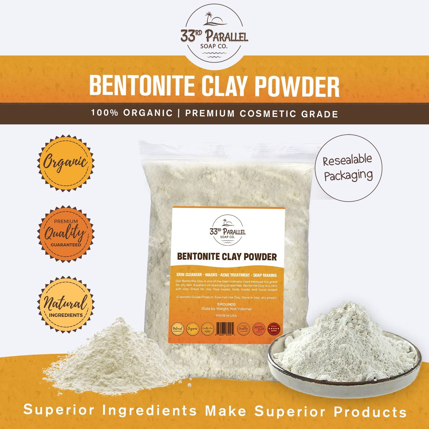 Organic BENTONITE Clay Powder (1 LBS / 16 oz) Organic 100% Natural Cosmetic Grade | Facials, Face Mask, Soap Making, Creams & Lotions, Bath Bombs | (1 Pound)