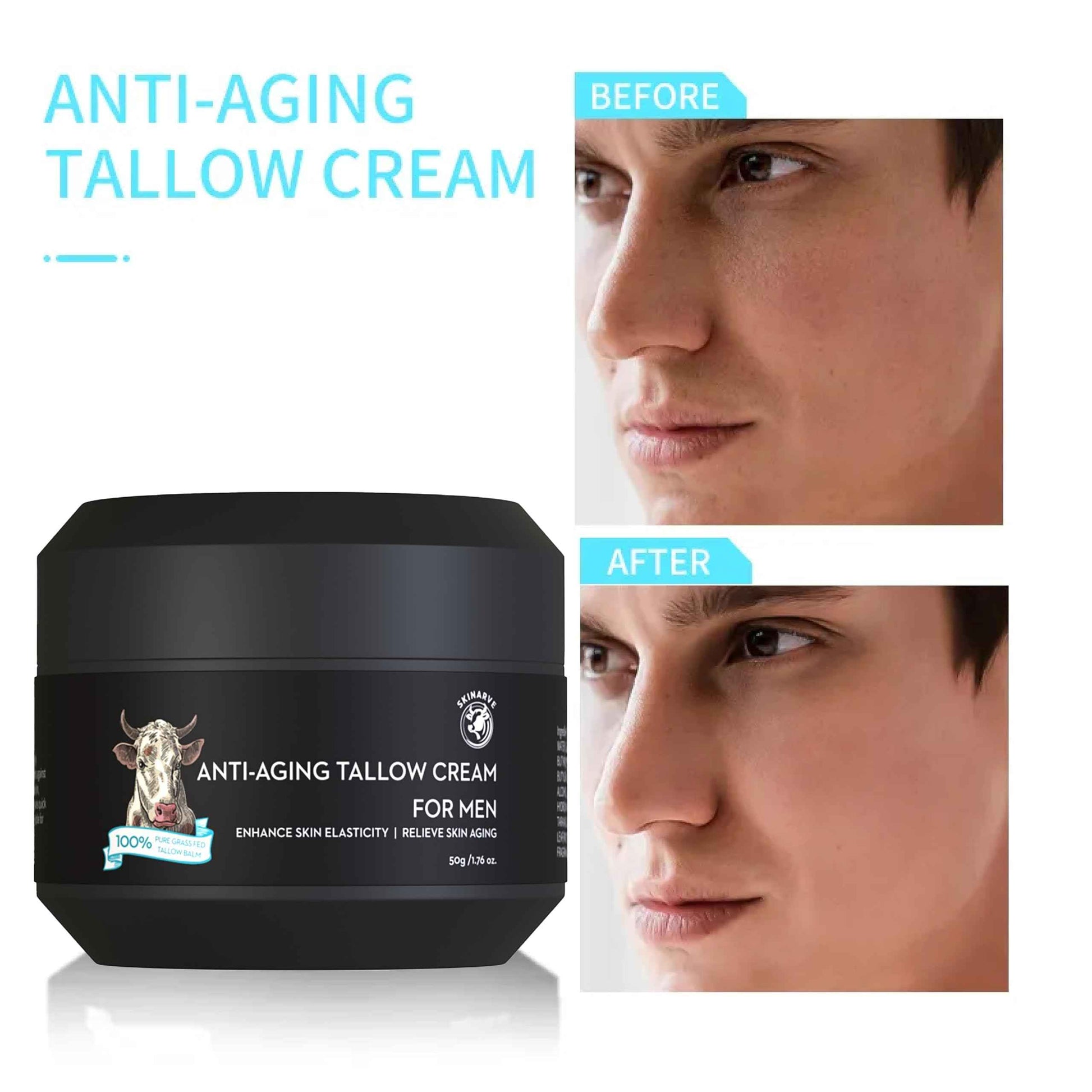 SKINARVE Wrinkle Defense Beef Tallow Balm for Men, Tallow Balm for Skin - Moisturizer for Face - Hydrating Anti Aging Skin Cream - Natural Facial Skincare Lotion with Essential Oils (1.7 OZ)