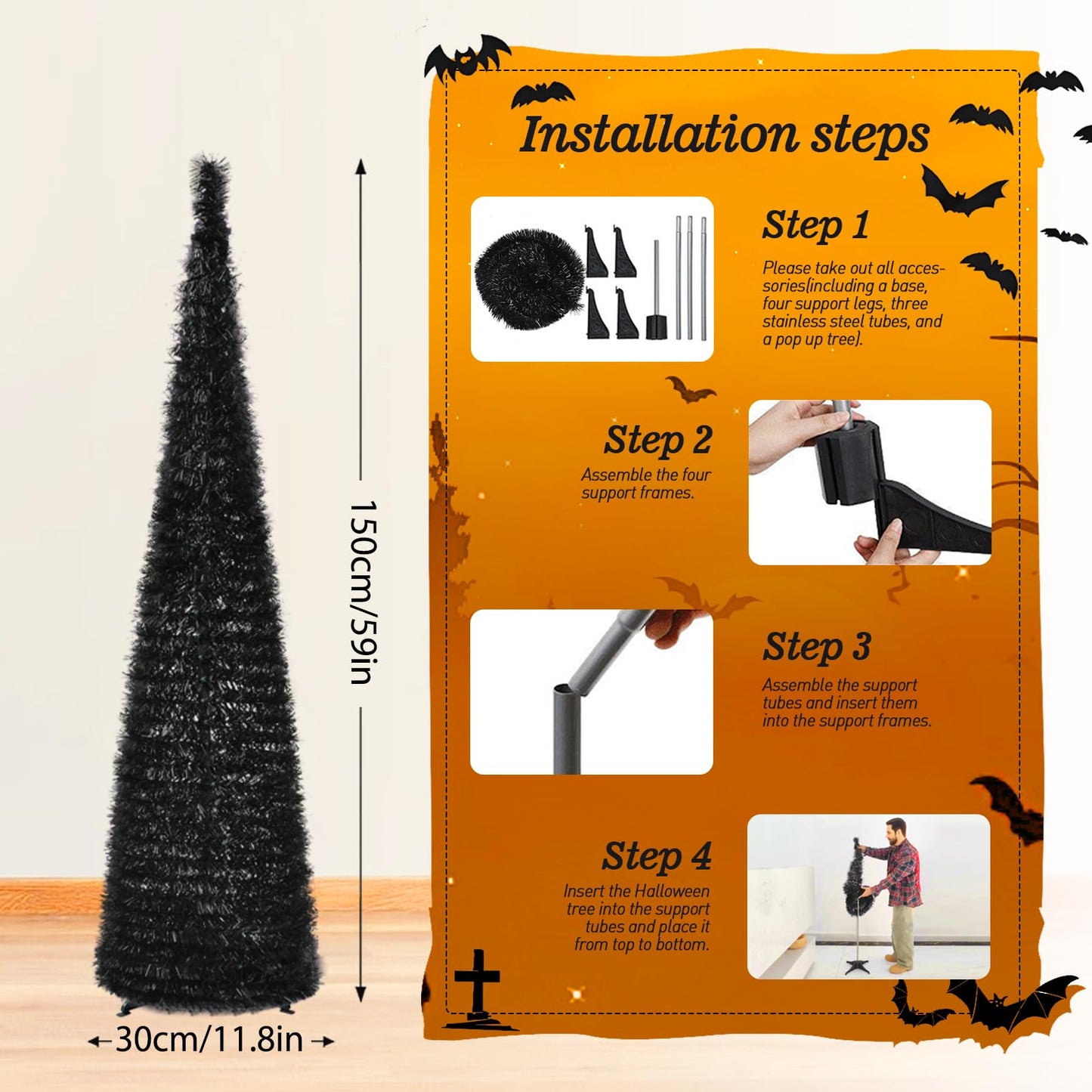 5FT Black Halloween Christmas Tree, Pop Up Tree Tinsel Collapsible, Pencil Christmas Tree Skinny with Stand for Home Apartment Holiday Party Halloween Indoor Outdoor Decorations (Black)