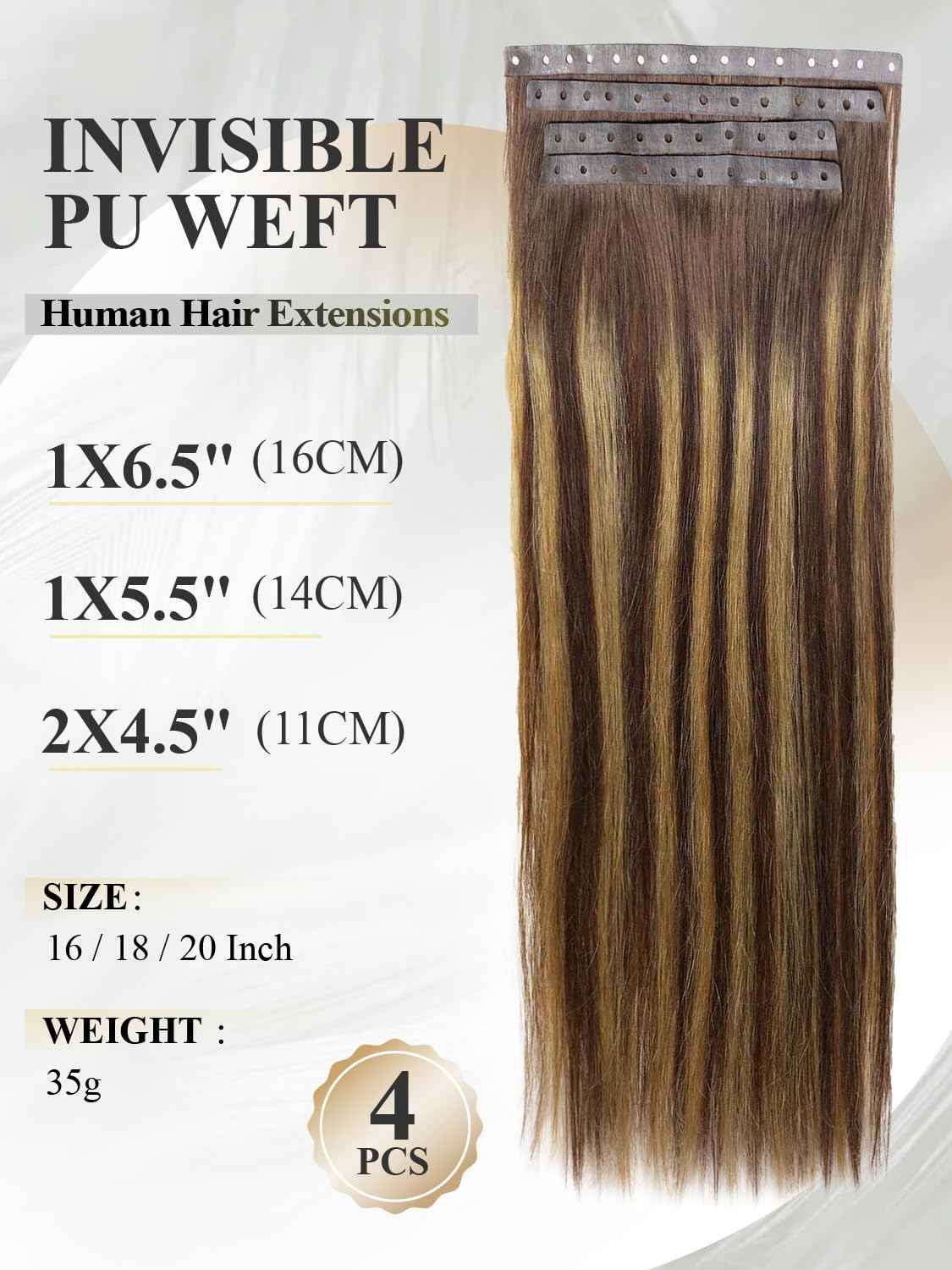 Invisible Weft Hair Extensions Human Hair Pu Skin Weft Micro Link Real Human Hair Seamless T4/27 Balayage Caramel Blonde Human Hair Extensions No Tape In Weft Hair Extensions (35g 4Pcs,16 Inch)