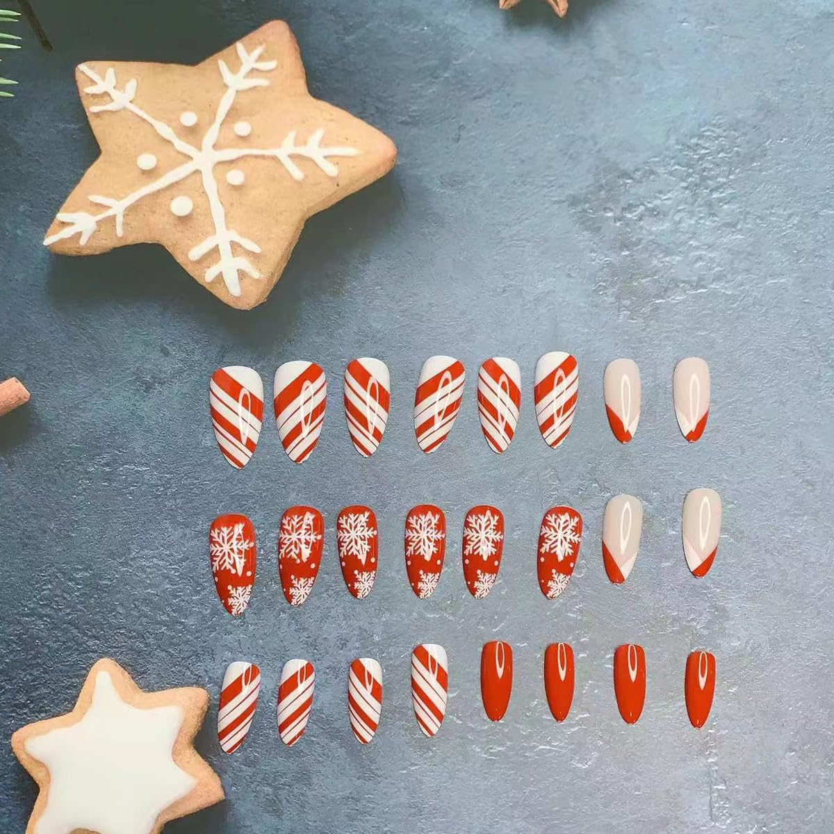 24pcs Christmas Press on Nails Medium Almond Fake Nails Snowflake Winter Xmas Nails Press on Red White Stripes with Designs Acrylic Full Cover Glossy Glue on Nails Artificial Nails Christmas for Women