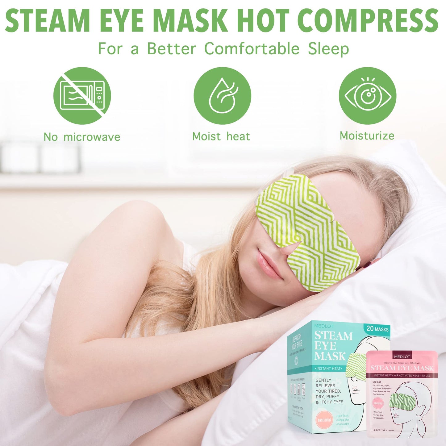 MEDLOT Steam Eye Masks, 20 Packs Heated Eye Mask for Dry Eyes, Puffy Eyes, Dark Circles, Disposable Moist Warm Eye Mask for Sleeping, Relief Eye Fatigue Hot Sleep Eye Mask, Unscented