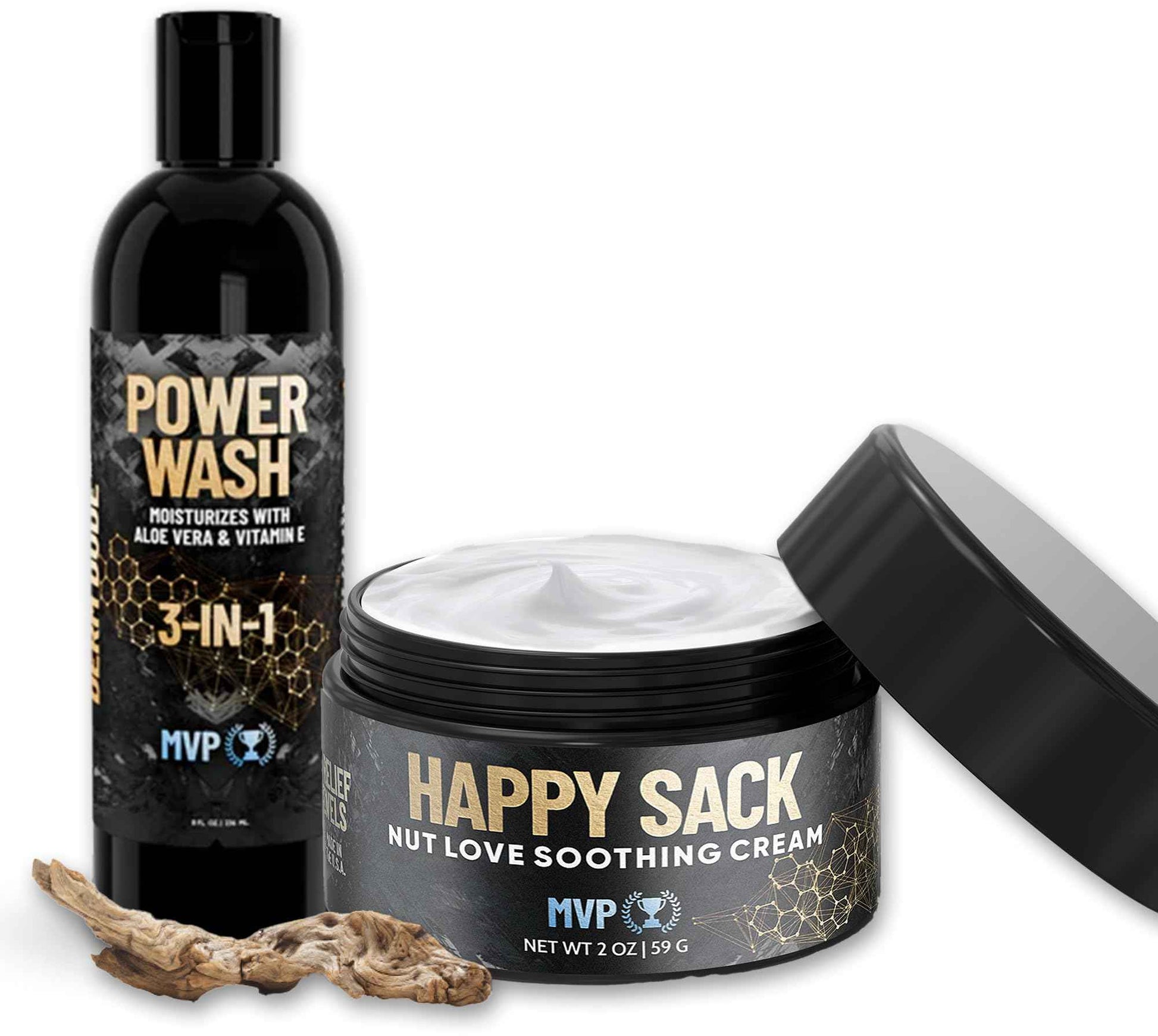 Derm Dude Happy Sack Ball Deodorant Anti Chafing Cream & 3 in 1 Power Wash Set | Mens Body Wash, Shampoo & Conditioner | With All-Natural DeoPlex for Odor Control & Aloe Vera to Hydrate - MVP Scent