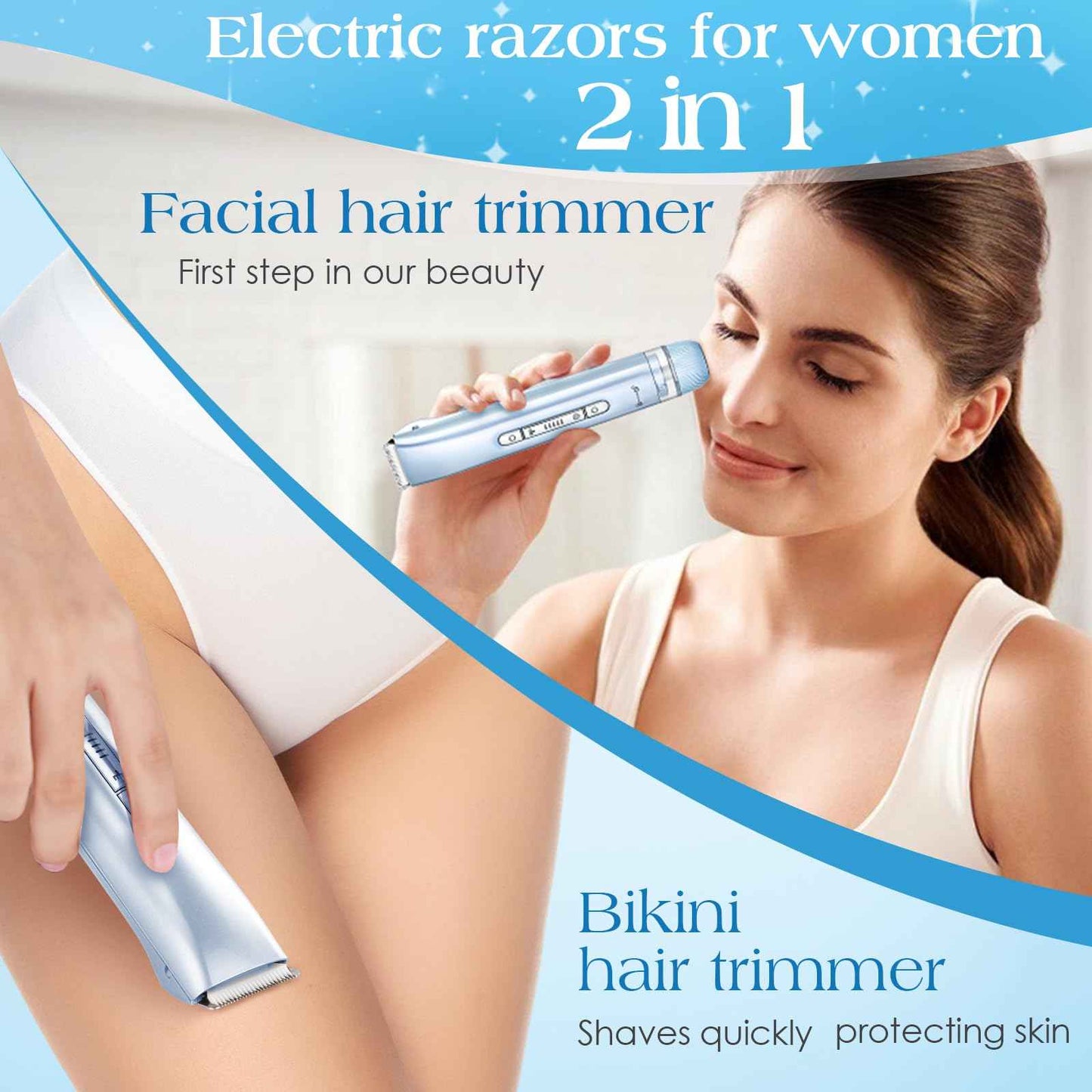 2 in 1 Bikini Trimmer for Women Dual Head Electric Razors IPX7 Waterproof Wet & Dry Use, Electric Shaver for Women Private Area Facial Body Underarm Leg Arm Hair Remover for Pubic Hair