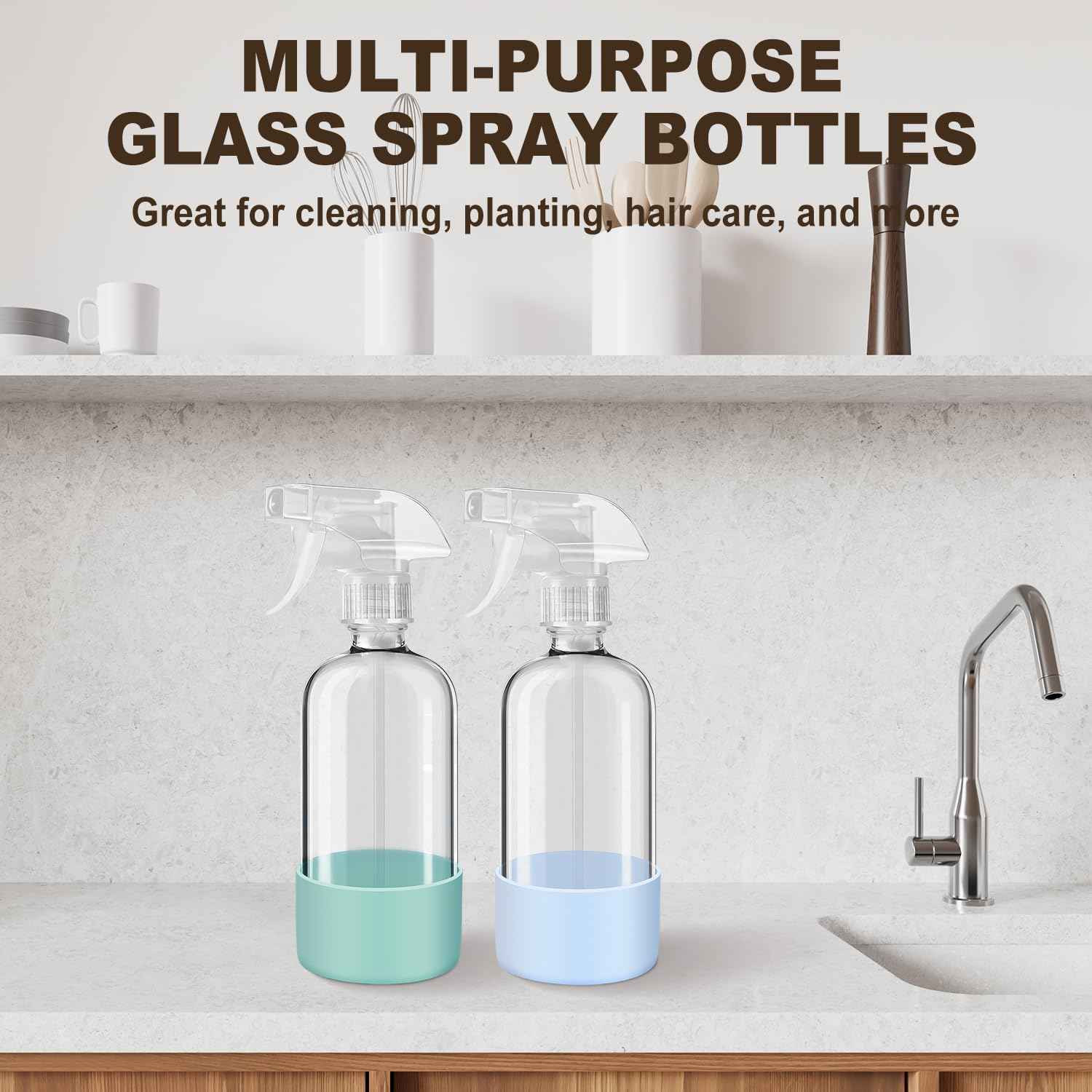 Glass Spray Bottles with Silicone Sleeves (2 Pack, 16 oz), Mist and Stream Empty Refillable Containers, Water Sprayer Misting Bottle for Cleaning Solutions, Planting, Hair Spraying, Green & Grey