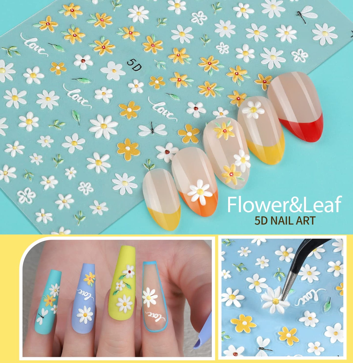 Teenitor 12 Sheets Nail Art Sticker Self-Adhesive, Flower Nail Stickers 5D Embossed Nail Decals, 5 Boxes Nail Art Glitter Sequins Flakes, Nail Art Design Tools Self Adhesive Nail Art Supplies