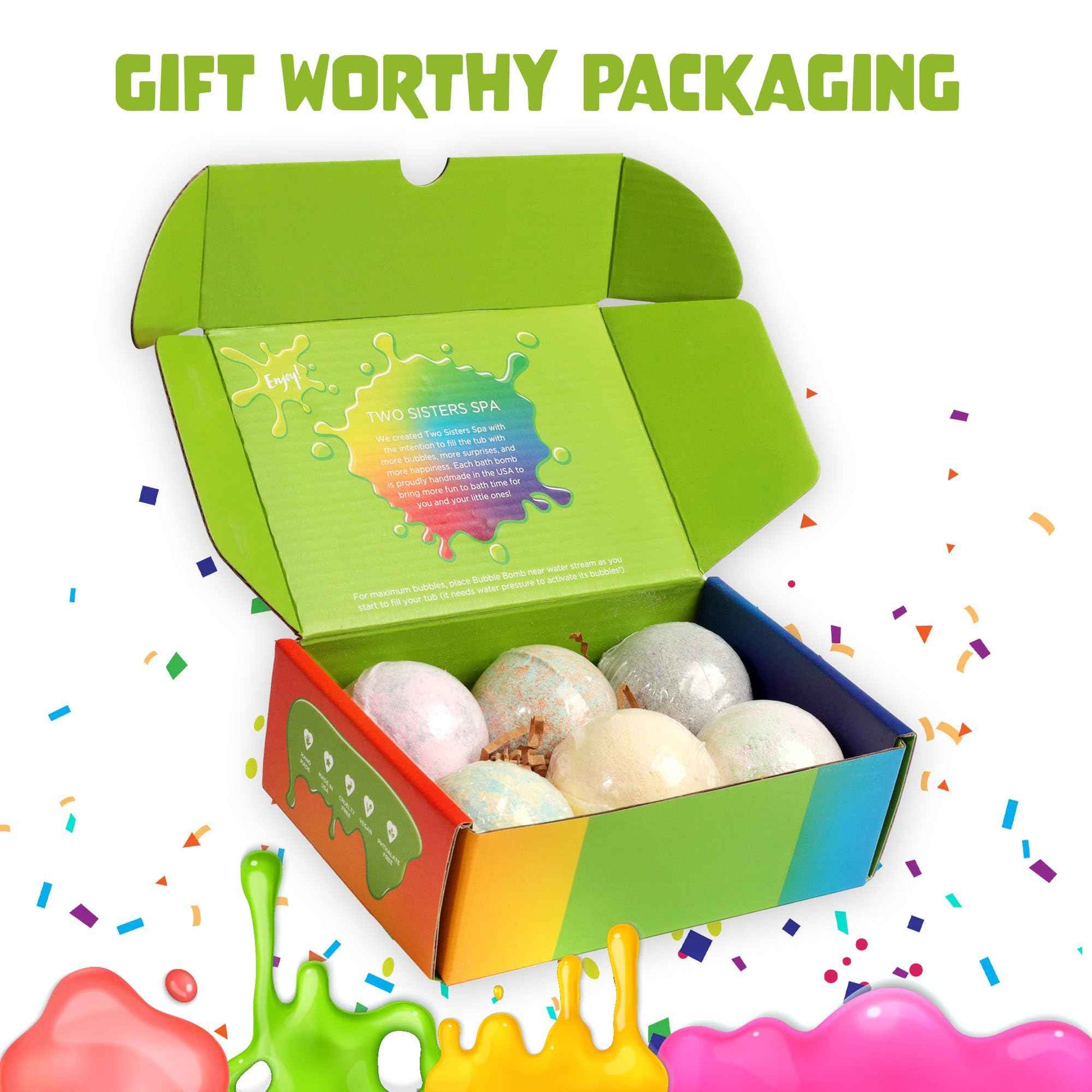 Bubble Bombs for Kids with Surprise Bath Slime Inside (6 Pack) - Colorful Sensory Toys Inside for Boys & Girls – Fizzes, Foams & Bubbles, Fruity Scents, Made in USA by Two Sisters