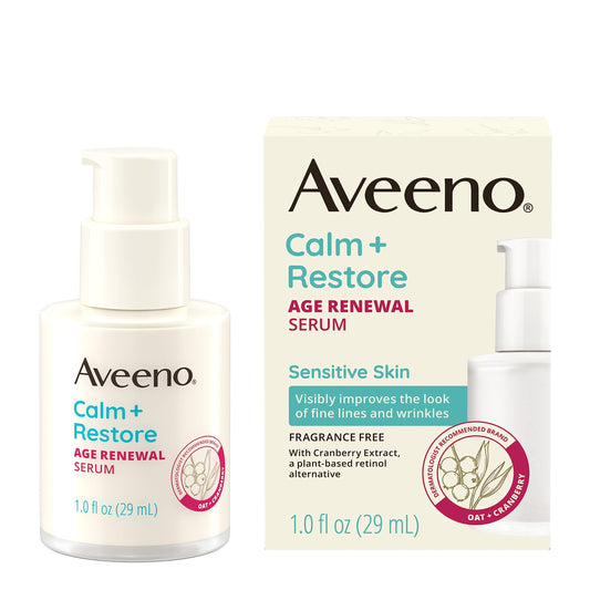 Aveeno Calm + Restore Age Renewal Anti-Wrinkle Face Serum, Anti Aging Serum with Nourishing Oat & Cranberry Extract Visibly Improves the Look of Fine Lines, Fragrance Free, 1.0 fl. Oz