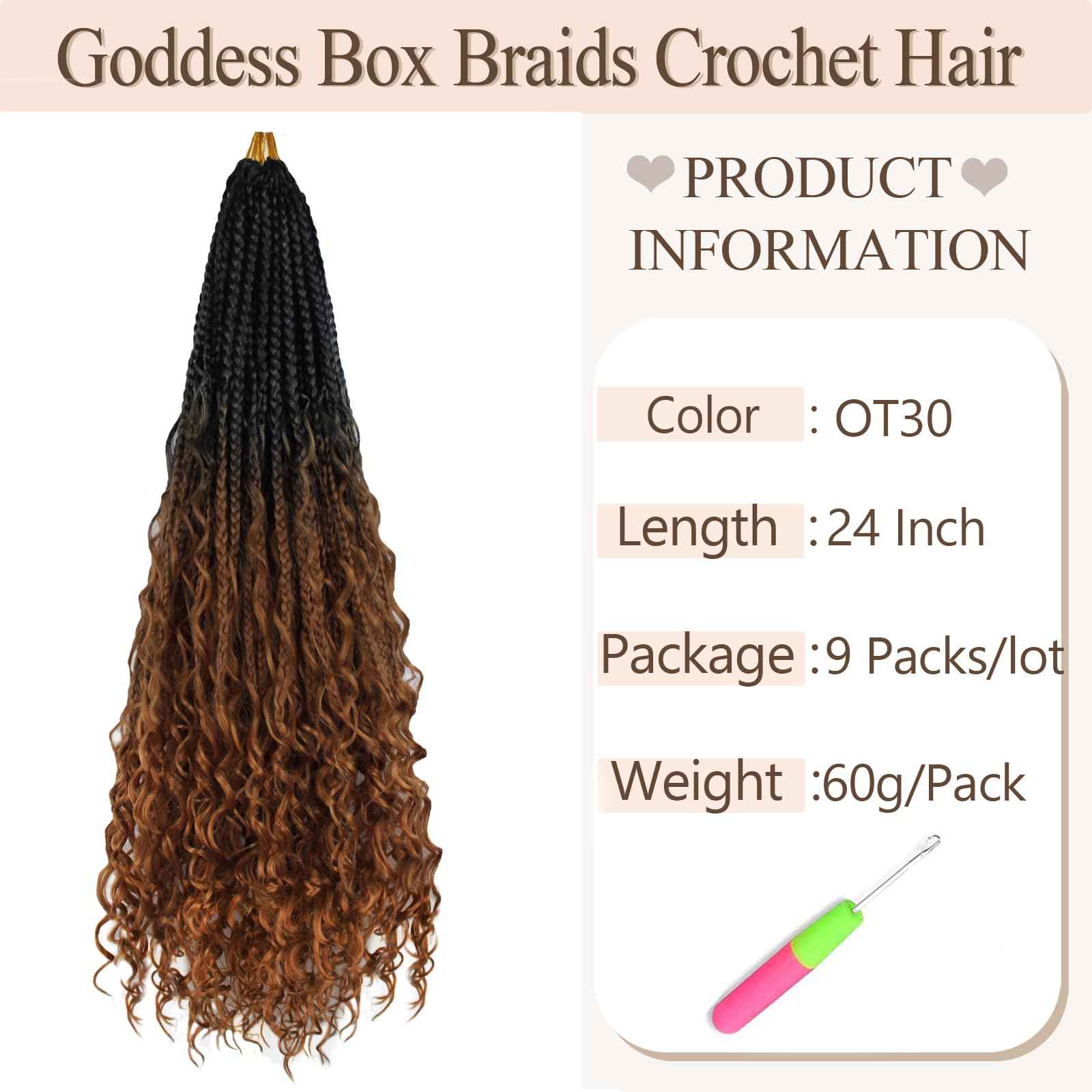 Vustbeauty 9 Packs Boho Box Braids Crochet Hair 24 Inch Goddess Box Braids Crochet Hair With Curly Ends Synthetic Bohemian Braids Hair Extension For Women (24inch, OT30)