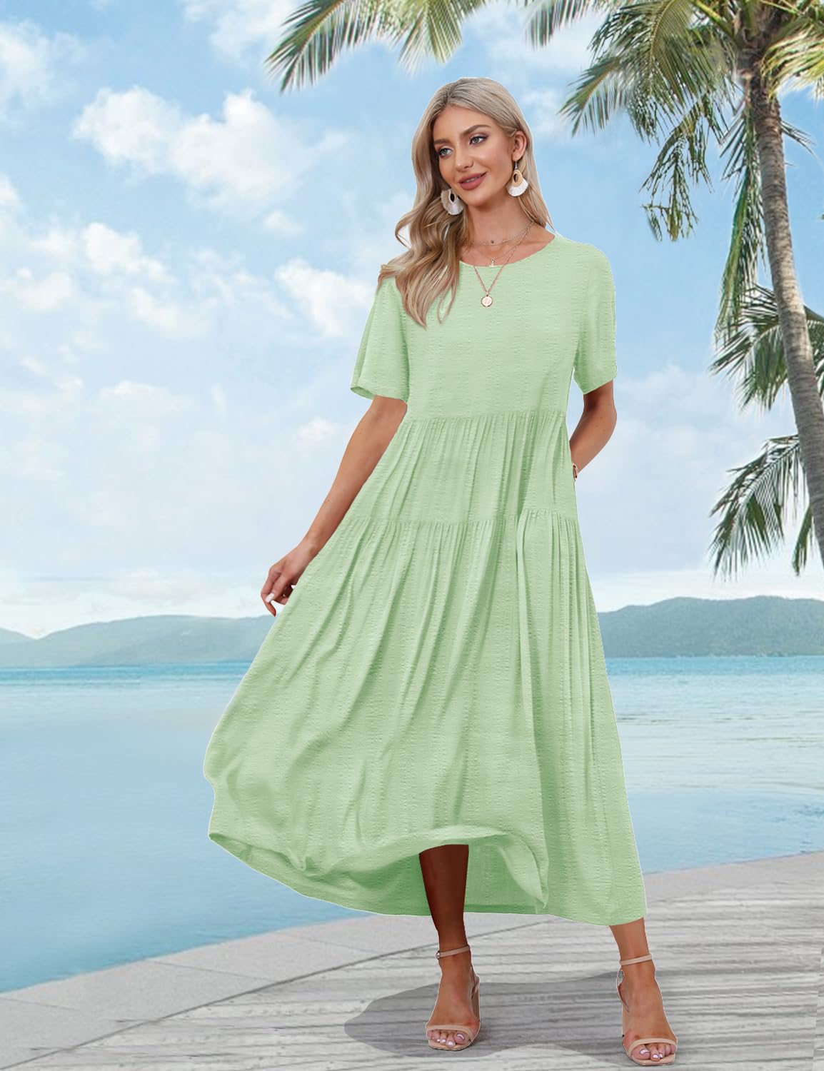 YESNO Women Casual Loose Bohemian Dress with Pockets Short Sleeve Long Maxi Summer Beach Swing Dress (M EJF Solid C Mint Green)