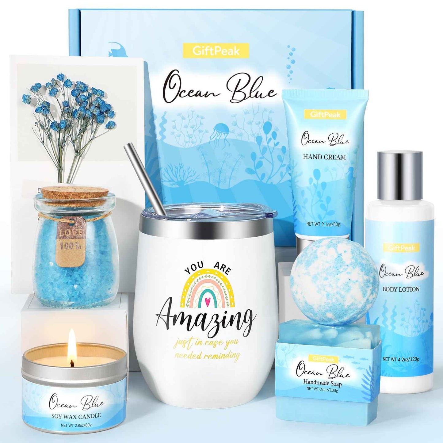 Birthday Gifts for Women, Ocean Scented Relaxing Spa Gift Baskets for Women Mom Her Wife Sister Friends Coworker Employee, Self Care Bath and Body Gift Set for Mother's Day Birthday Inspirational Gift
