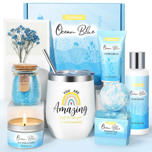 Birthday Gifts for Women, Ocean Scented Relaxing Spa Gift Baskets for Women Mom Her Wife Sister Friends Coworker Employee, Self Care Bath and Body Gift Set for Mother's Day Birthday Inspirational Gift
