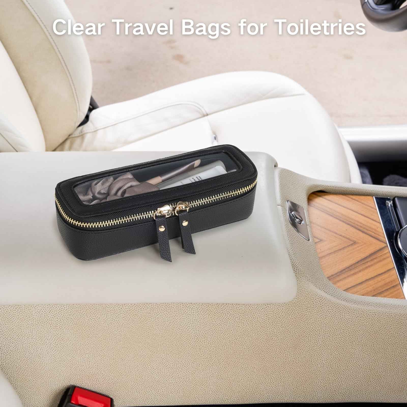 PACKISM Slim Clear Makeup Brush Bag, Pebbled Texture & Hard PU Leather Small Cosmetic Brush Holder, Mini Toiletry Bag Make up Bags with Message Card, Cute Travel Essentials Bag (Black)