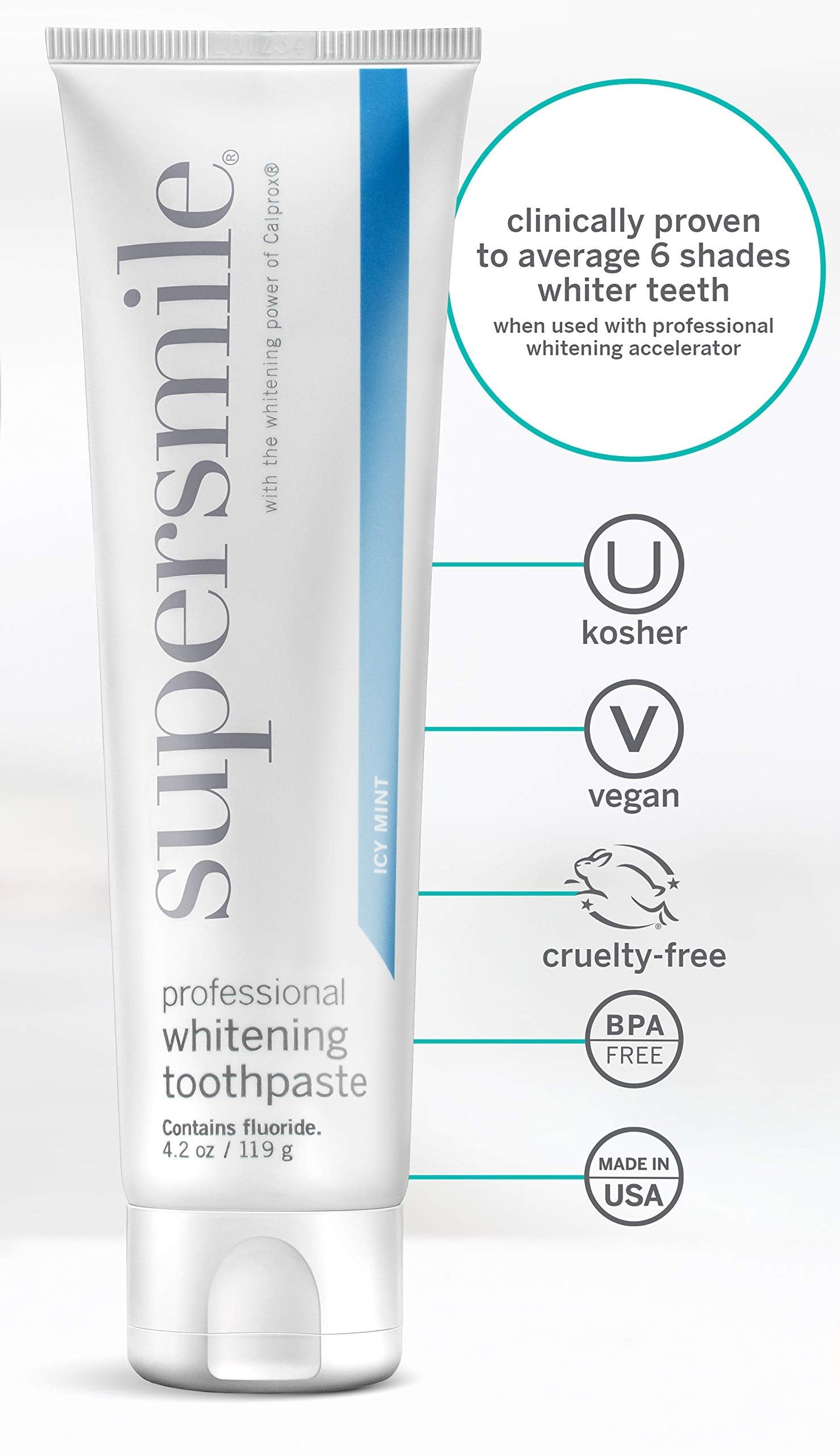 Supersmile Professional Teeth Whitening Toothpaste with Fluoride - Clinically Proven to Remove Stains & Whiten Teeth Up to 6 Shades - Enamel Strengthening - No Sensitivity (Icy Mint, 4.2 Oz)