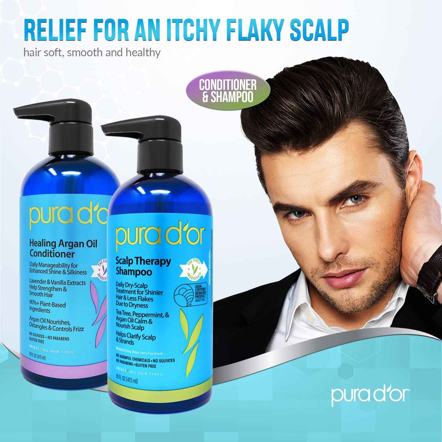 PURA D'OR Scalp Therapy Shampoo & Conditioner Set + Serum Revitalizer for Dry, Itchy Scalp