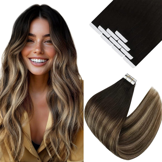 Ve Sunny Tape in Hair Extensions Balayage Tape in Hair Extensions Human Hair Natural Black Ombre Dark Brown with Ash Brown Hair Extensions Tape in Remy Hair Extensions 25g 10pcs 20inch