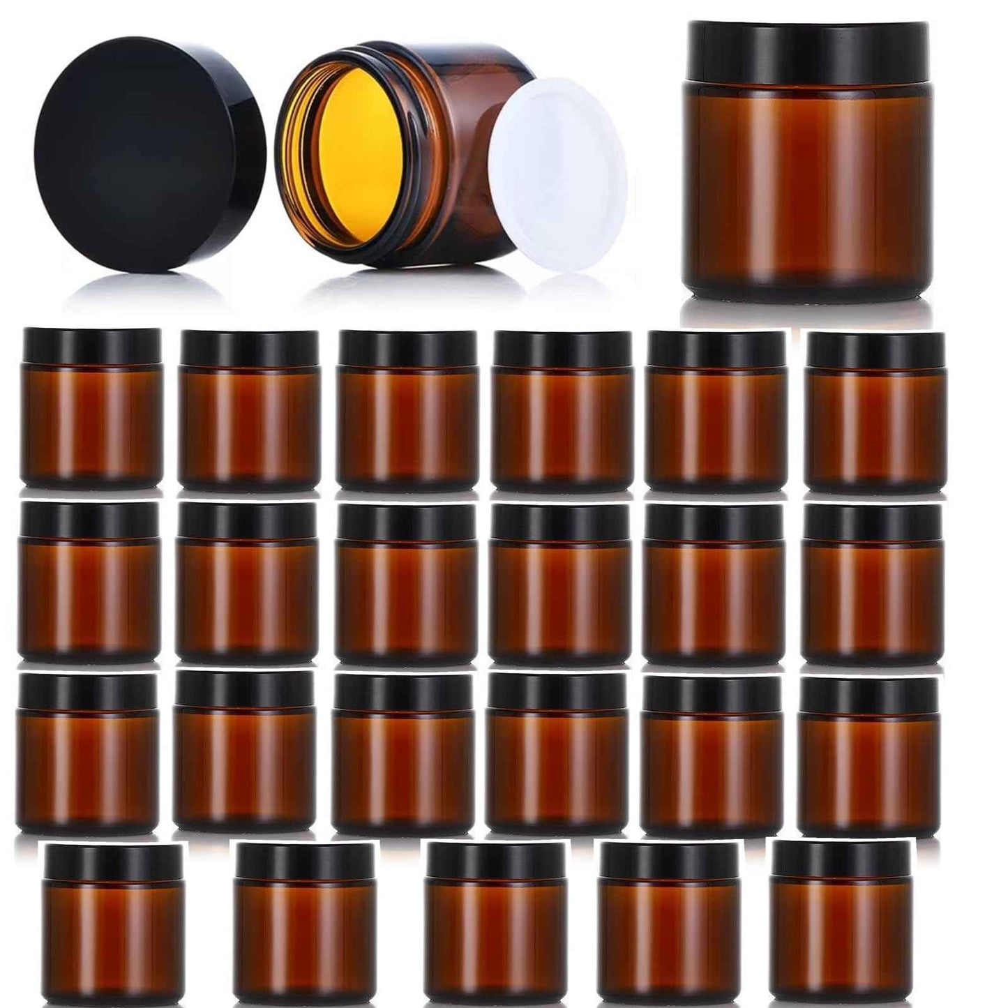 Zentriqlla 24 Pack 4oz Amber Glass Jars, Round Empty Cosmetic Jars with with Black Lids and Inner Liners, Reusable Glass Travel Containers for Homemade Creams, Candle, Skincare, Lotion